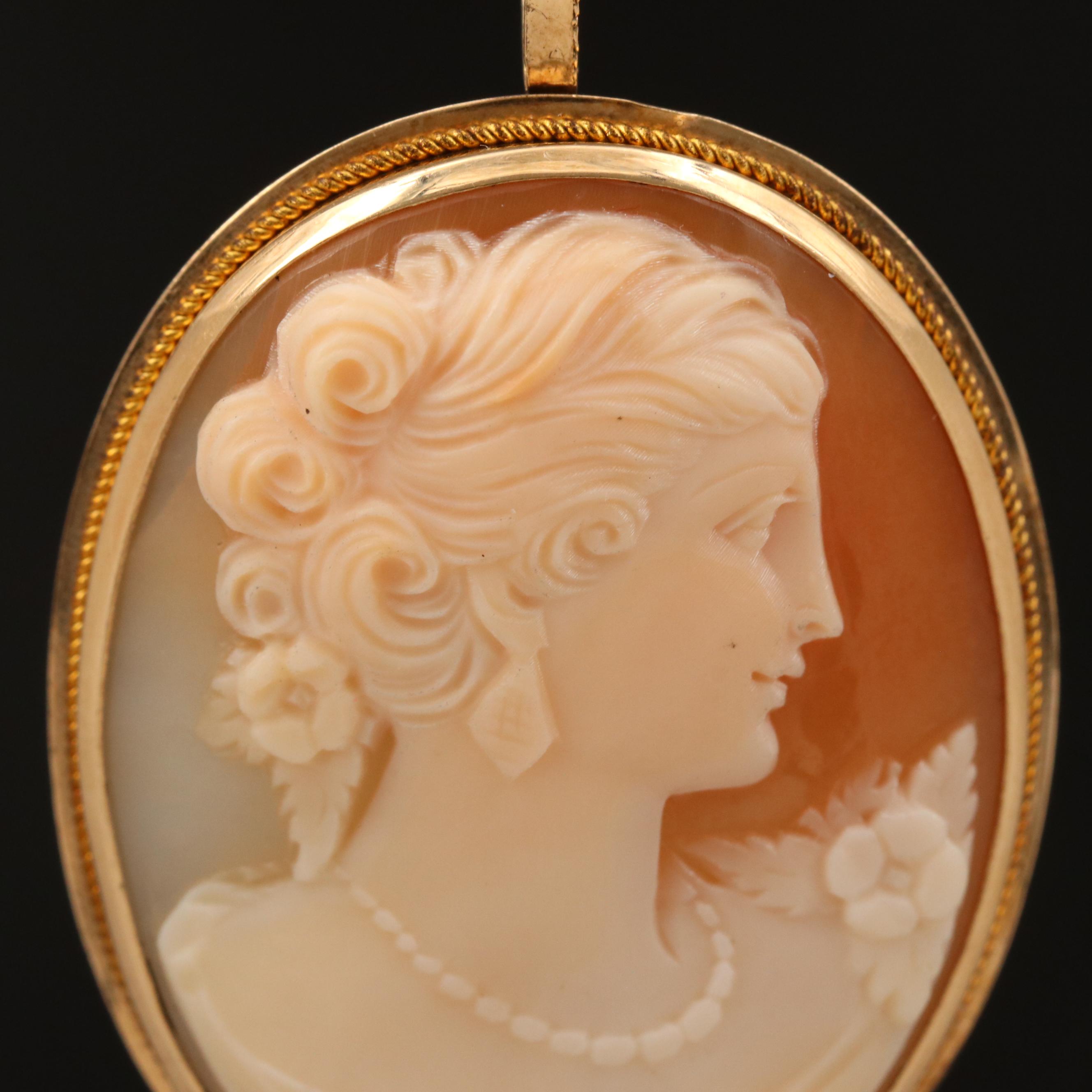 Vintage 14K Oval Shell Cameo Converter Brooch