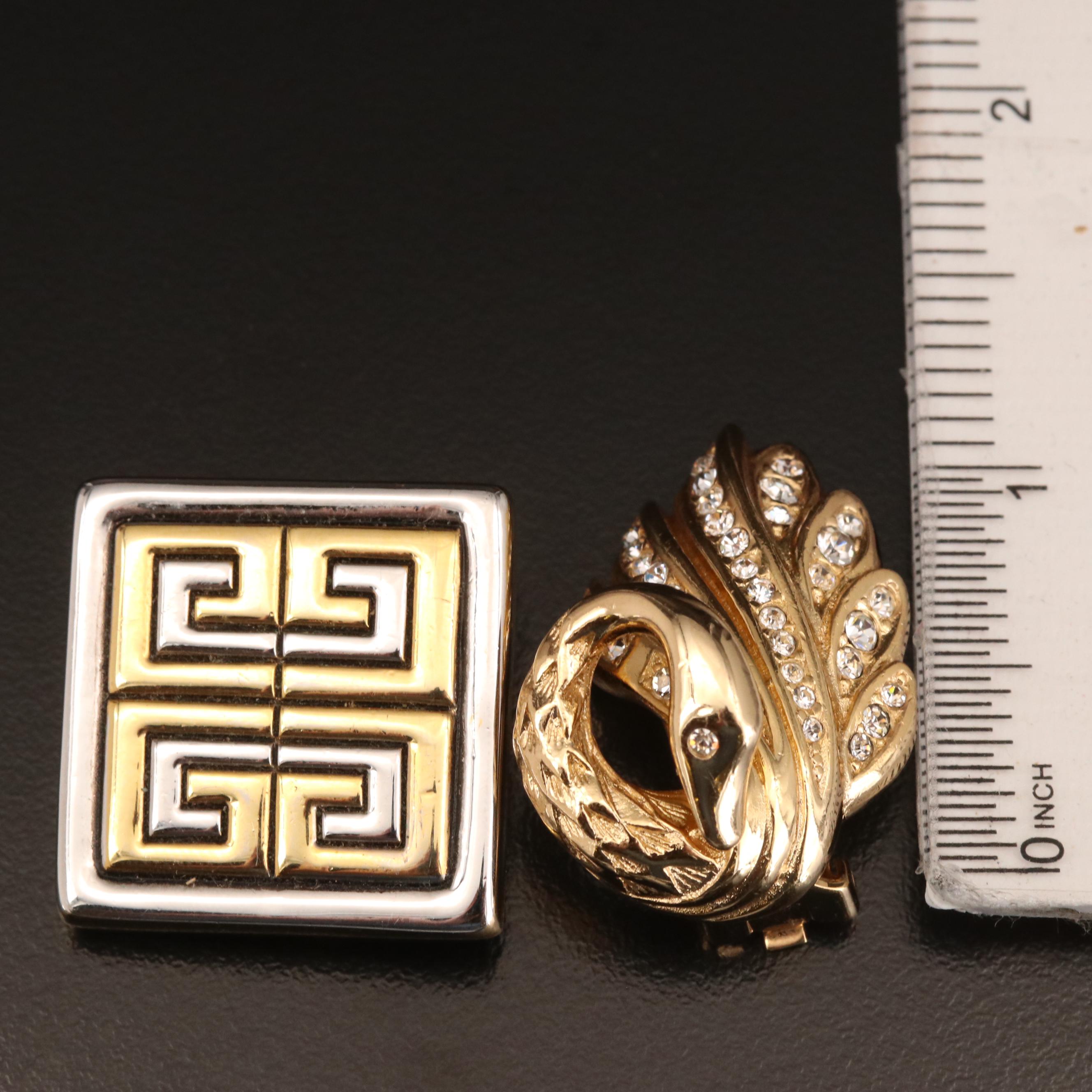 Christian Dior Rhinestone Swan and Givenchy Greek Key Clip Earrings
