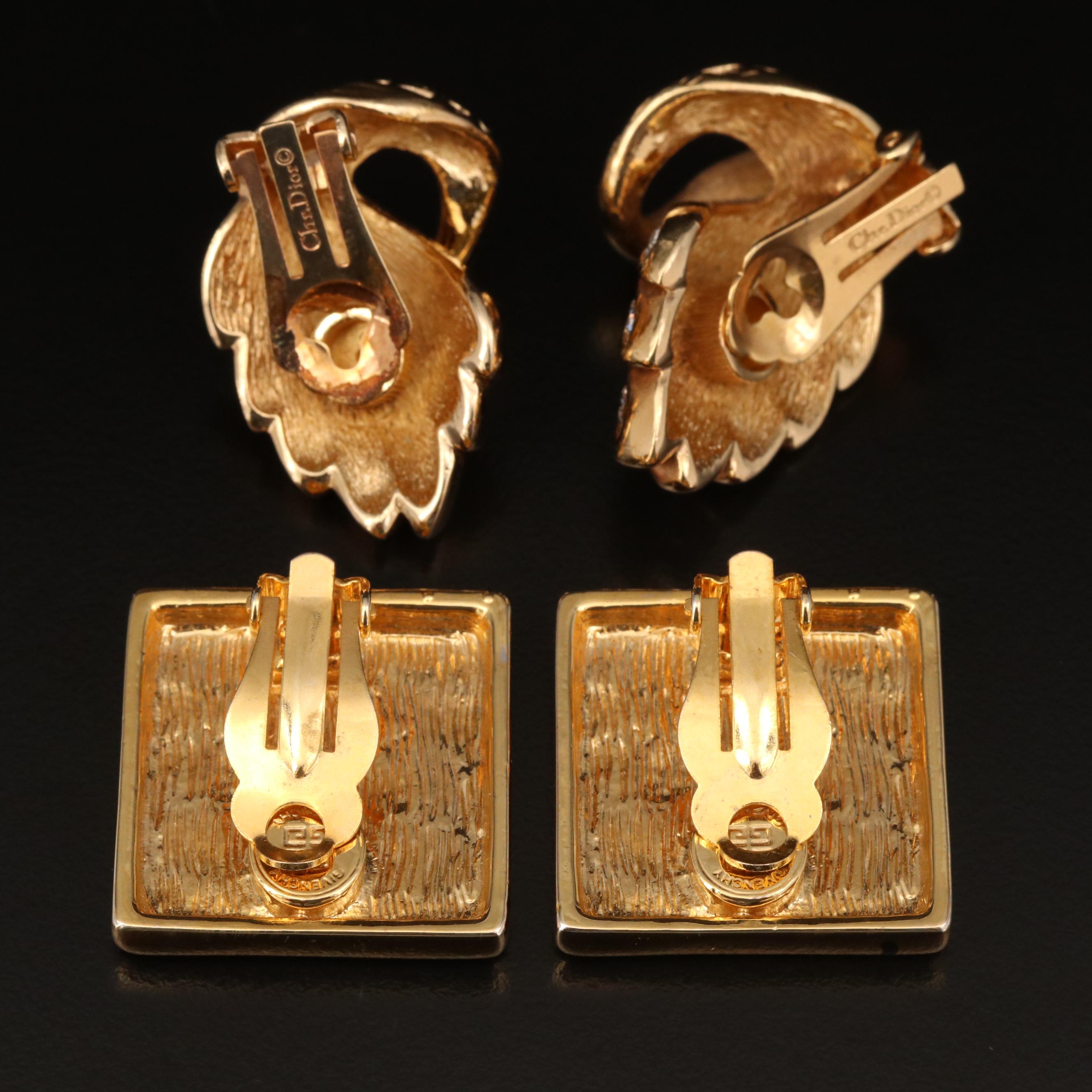 Christian Dior Rhinestone Swan and Givenchy Greek Key Clip Earrings