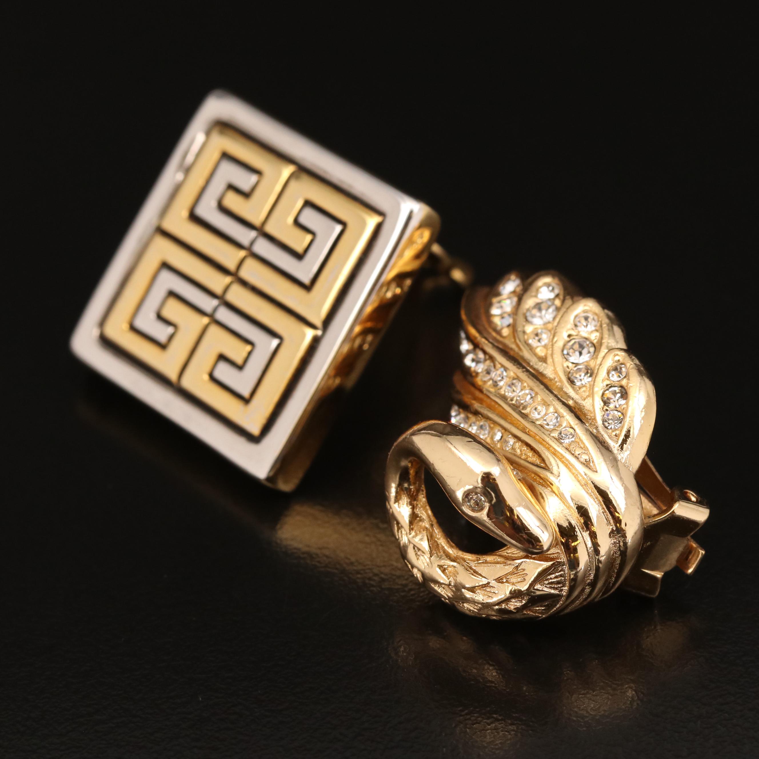 Christian Dior Rhinestone Swan and Givenchy Greek Key Clip Earrings