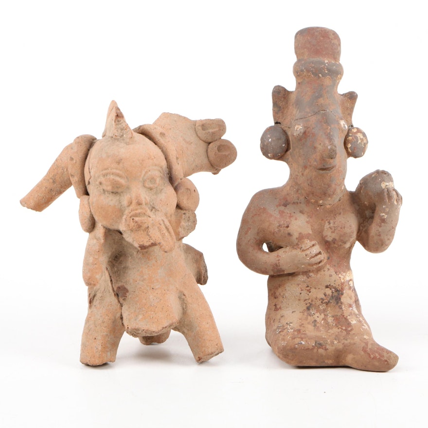 Pre-Columbian Nayarit Seated Ceramic Figure and Veracruz Ceramic Figure
