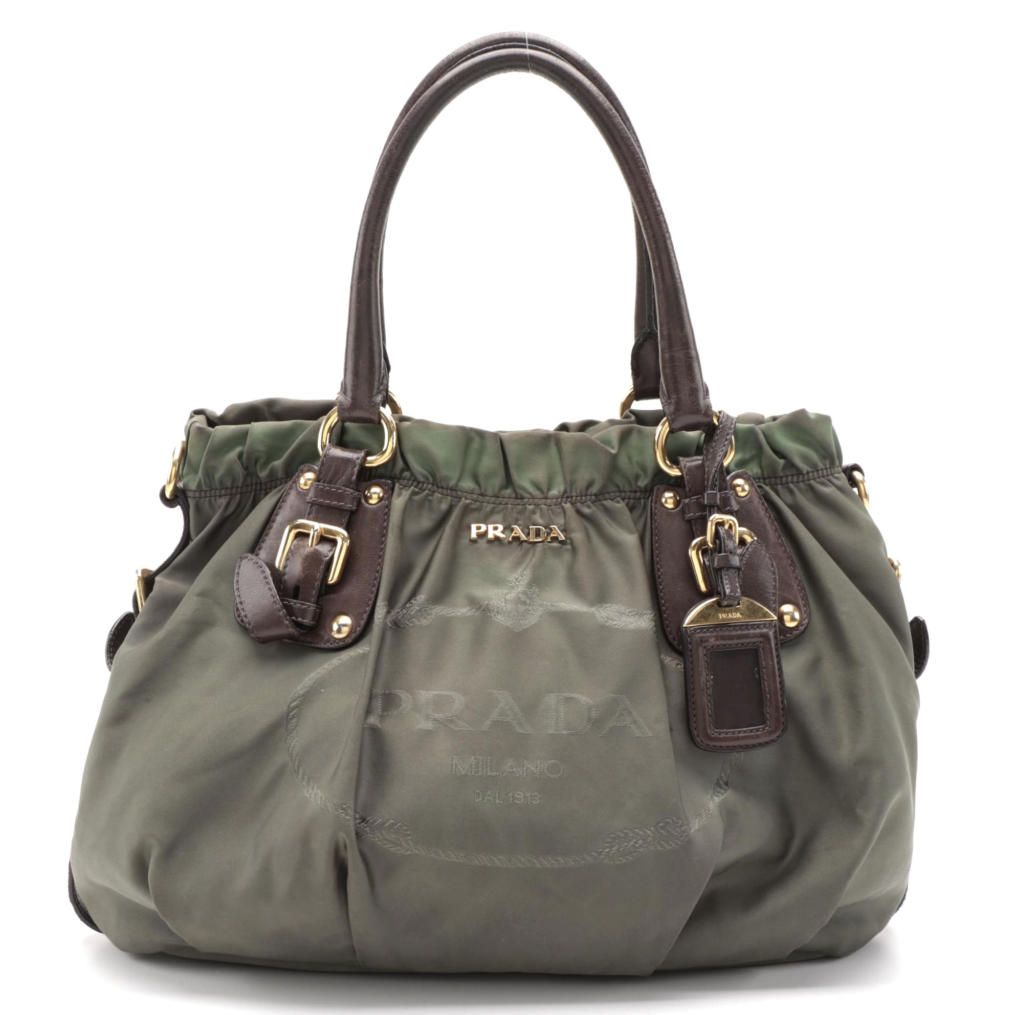 Prada Tessuto Logo Two-Way Satchel in Green Nylon with Brown Leather Trim
