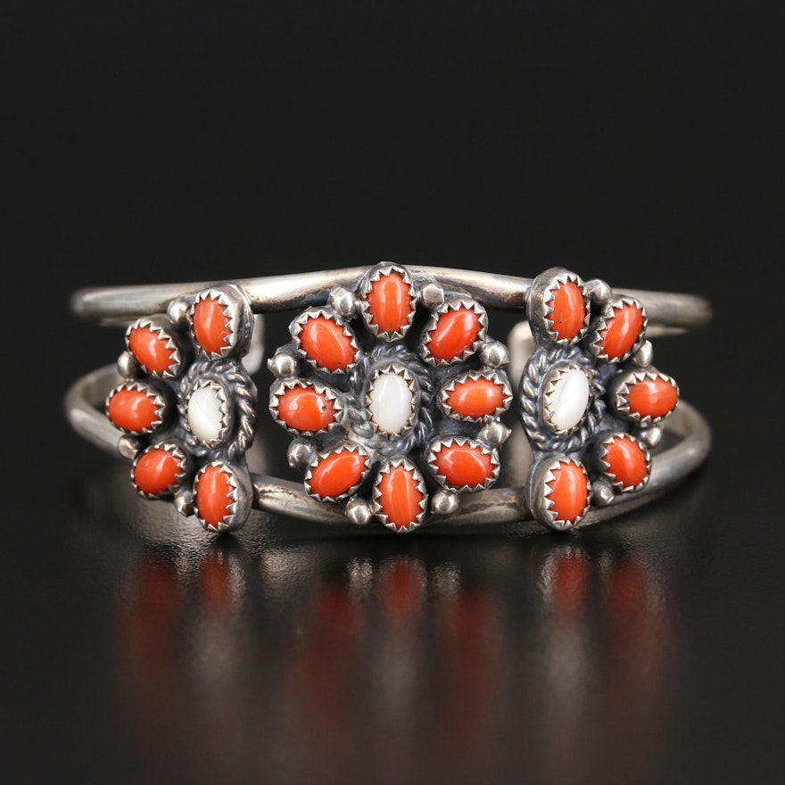 Southern Sterling Coral and Mother of Pearl Cuff with Flower Pattern