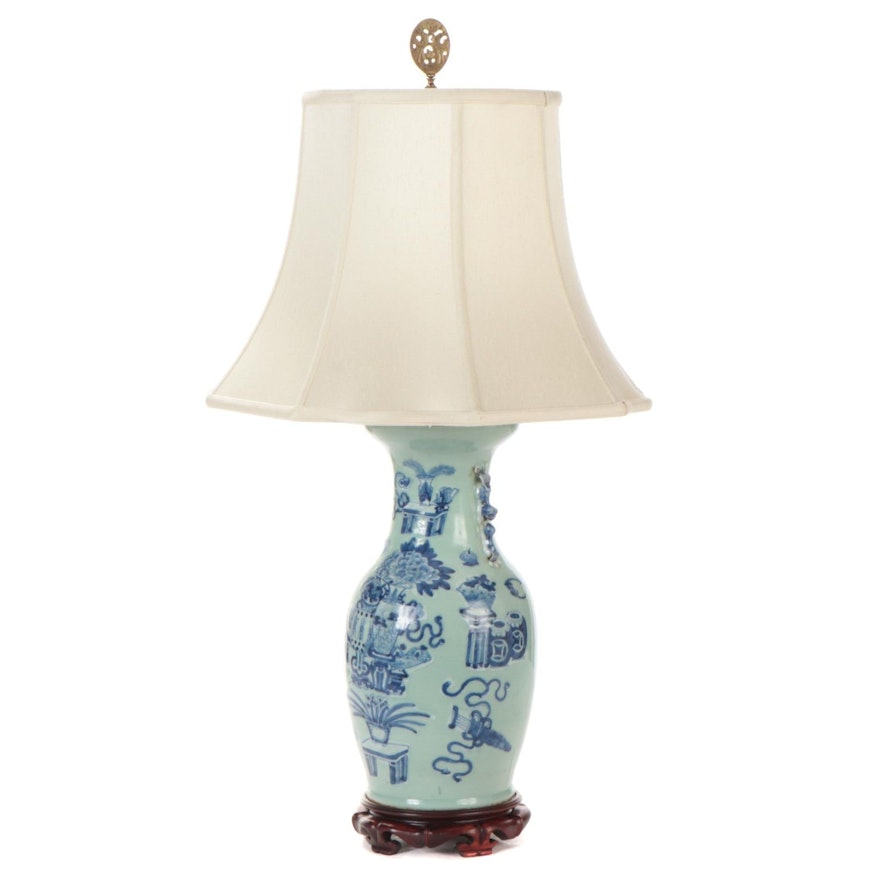 Chinese Blue on Celadon Baluster Vase Table Lamp