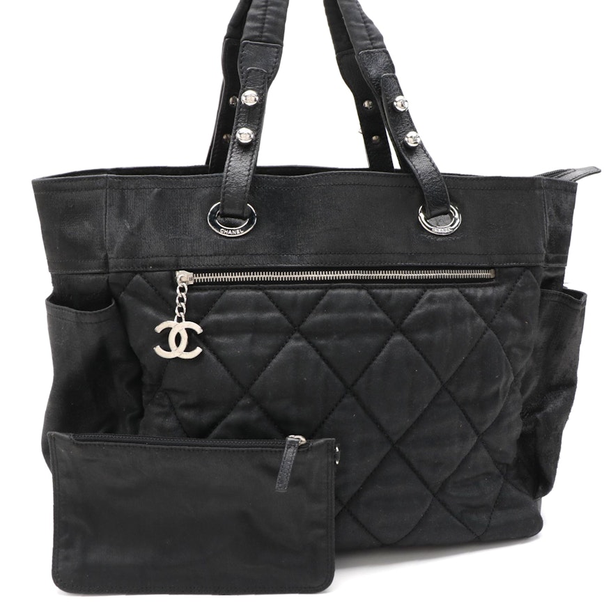 Chanel Paris-Biarritz Tote in Quilted Black Coated Canvas and Leather with Pouch