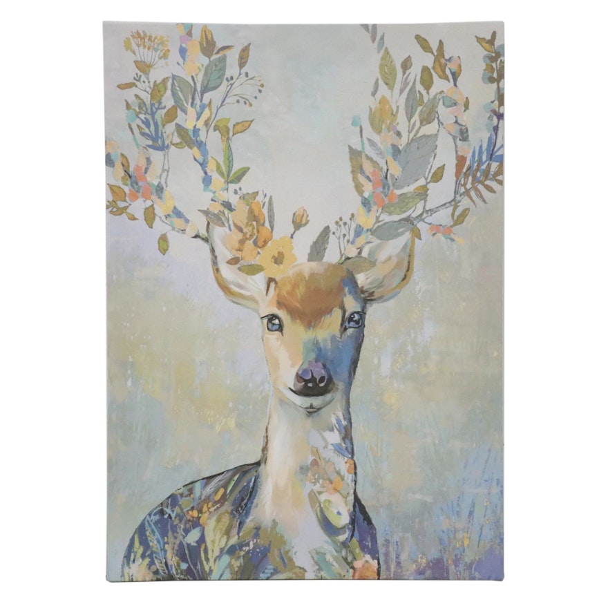 Contemporary Giclée of Abstract Deer with Flowers