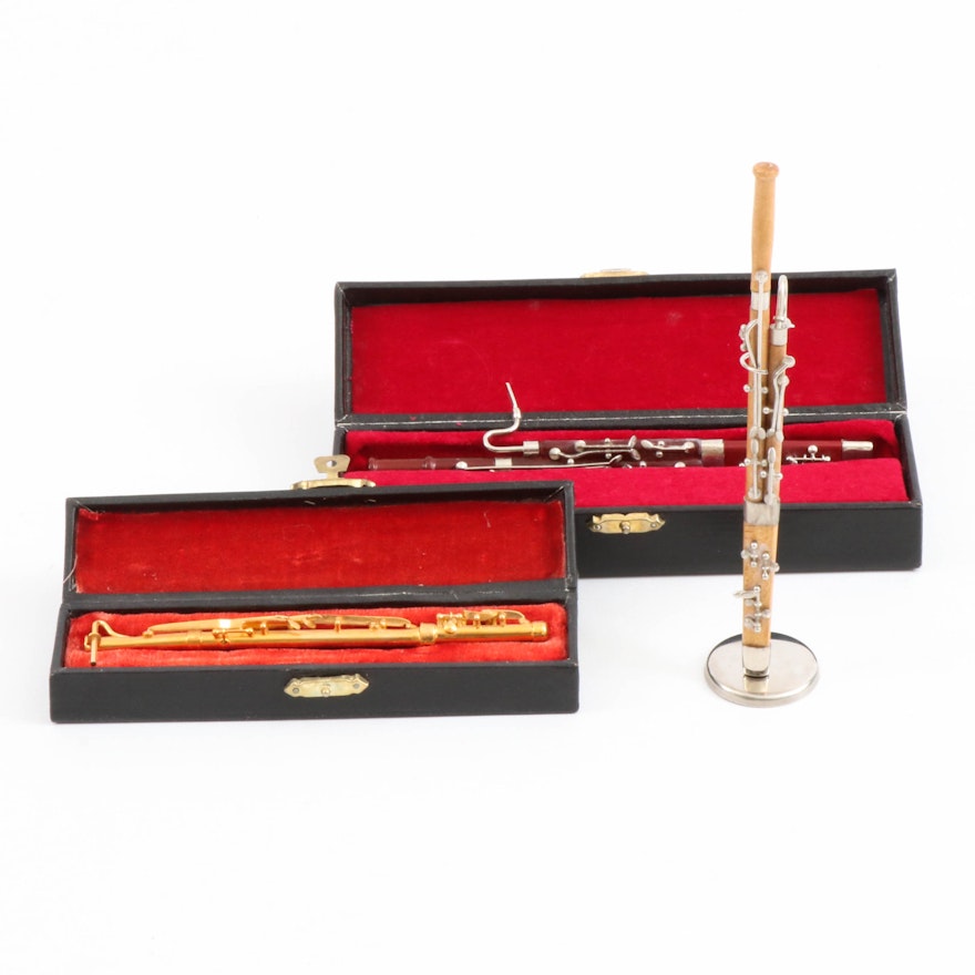 Miniature Brass and Wood Bassoons with Cases and Stand