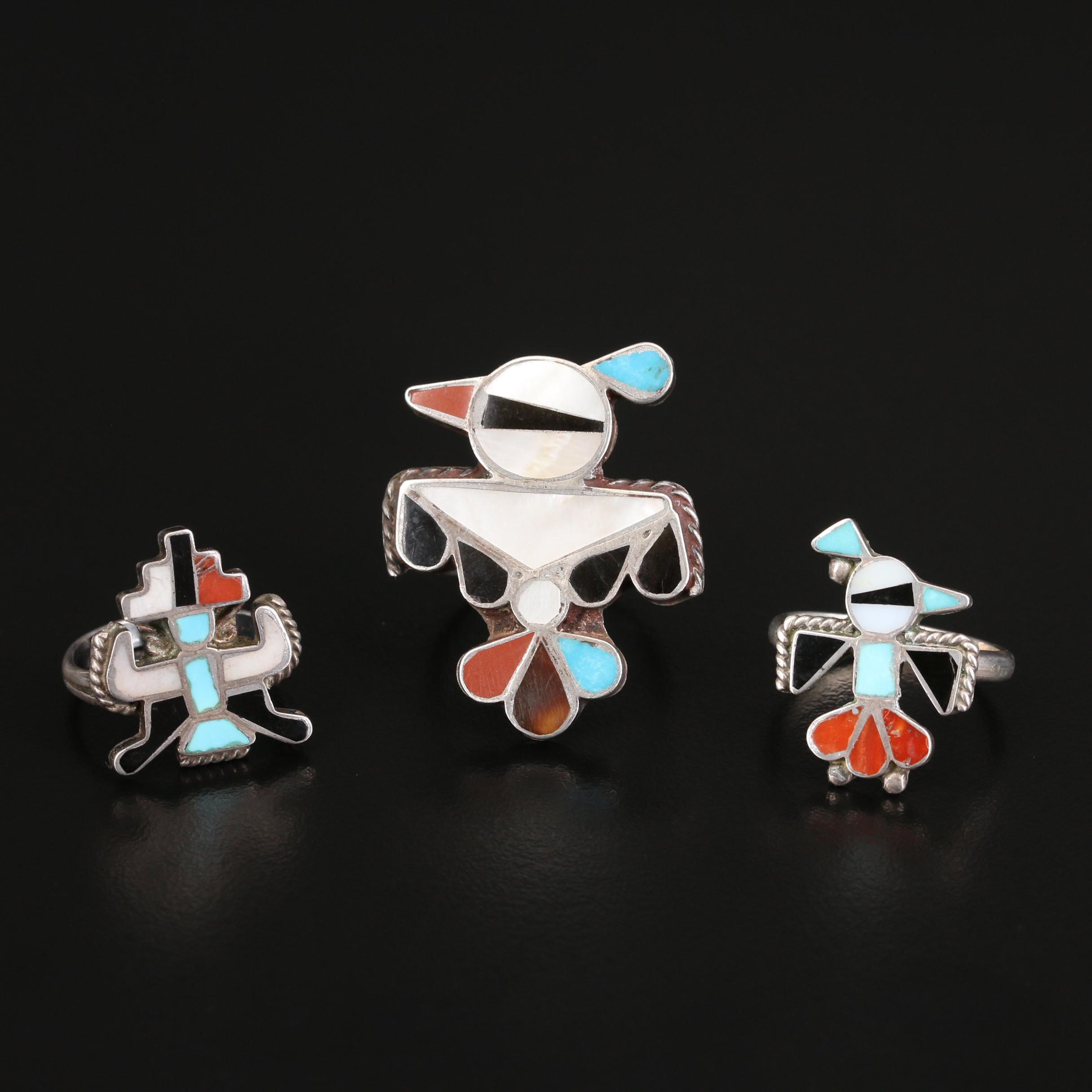 Southwestern Style Sterling Thunderbird Rings with Gemstone Inlay