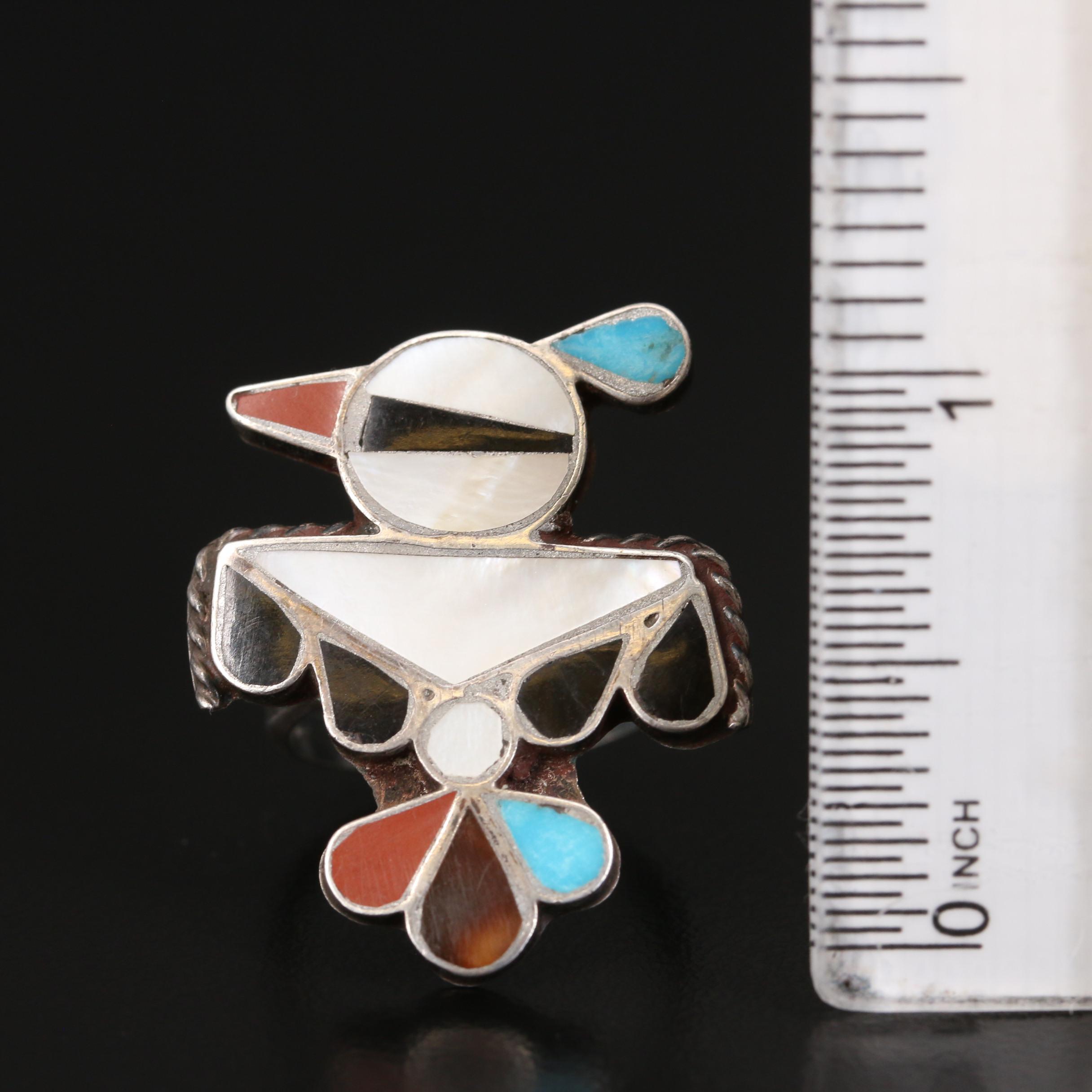 Southwestern Style Sterling Thunderbird Rings with Gemstone Inlay
