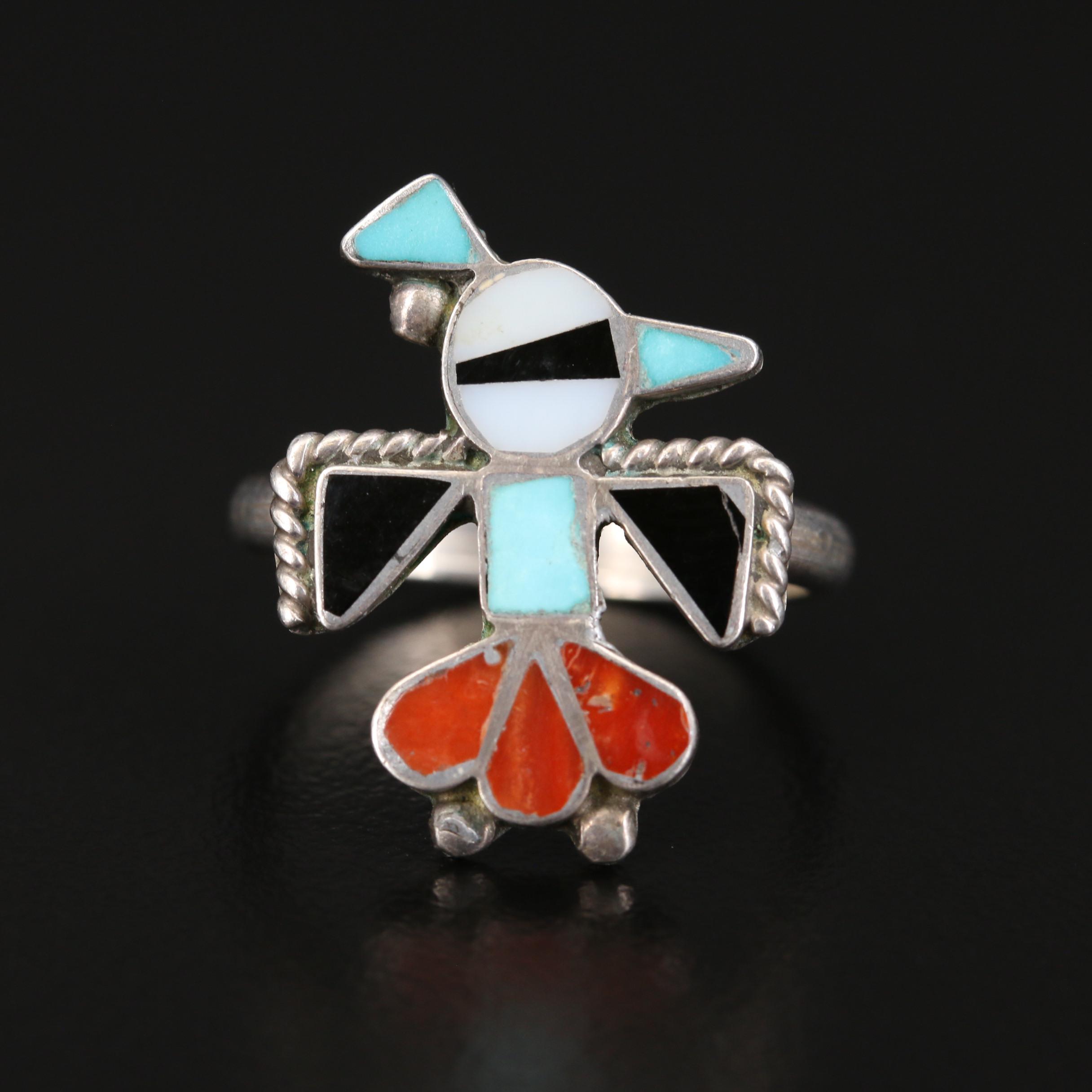 Southwestern Style Sterling Thunderbird Rings with Gemstone Inlay