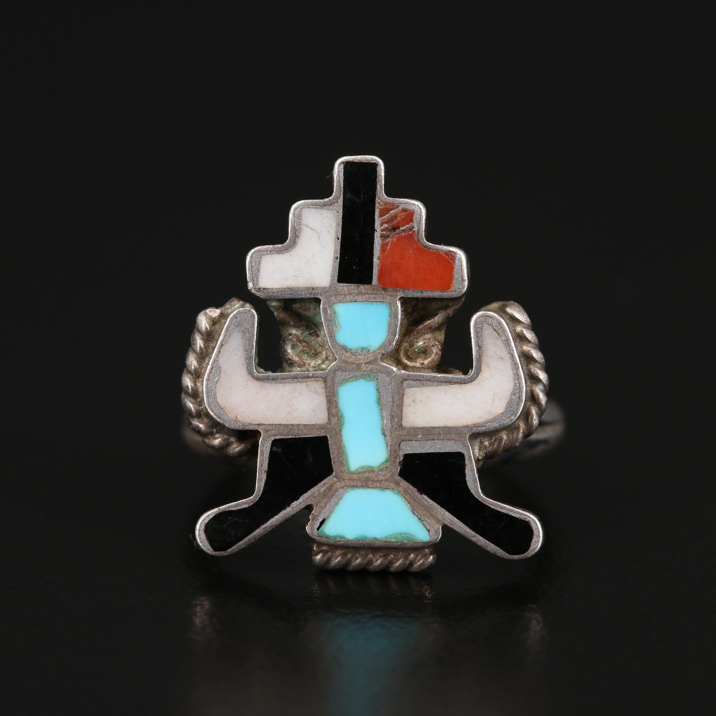 Southwestern Style Sterling Thunderbird Rings with Gemstone Inlay