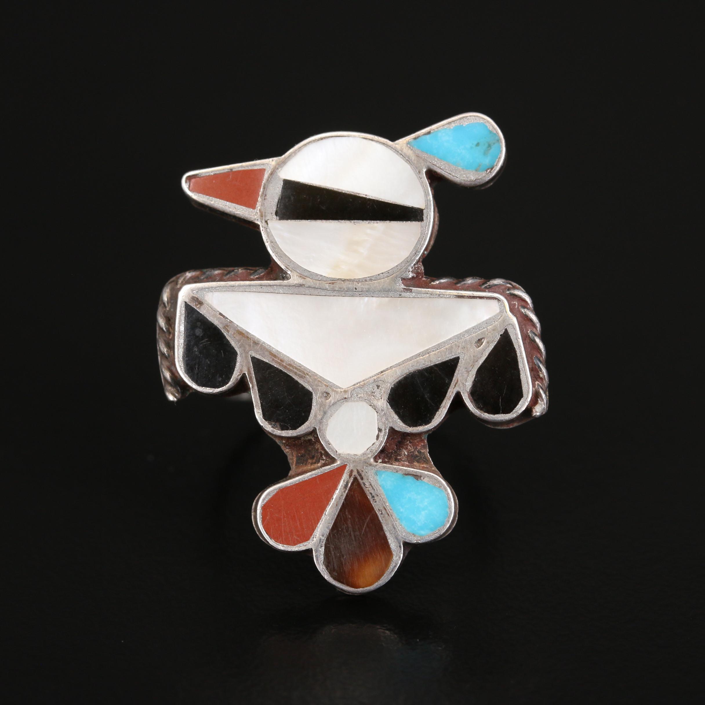 Southwestern Style Sterling Thunderbird Rings with Gemstone Inlay