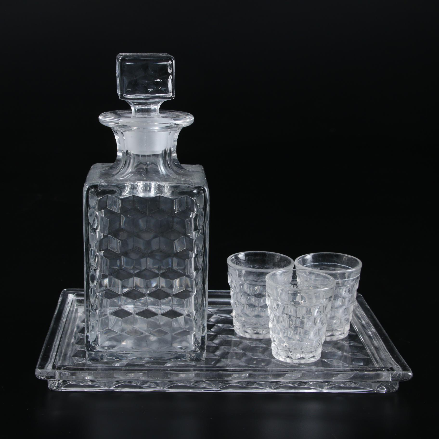 Fostoria "American" Pressed Glass Decanter, Tray and Tumblers