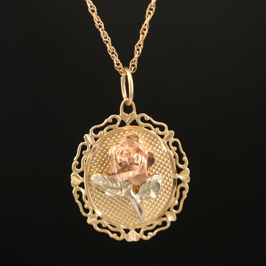 14K Pendant Necklace with Rose and Green Gold Accents