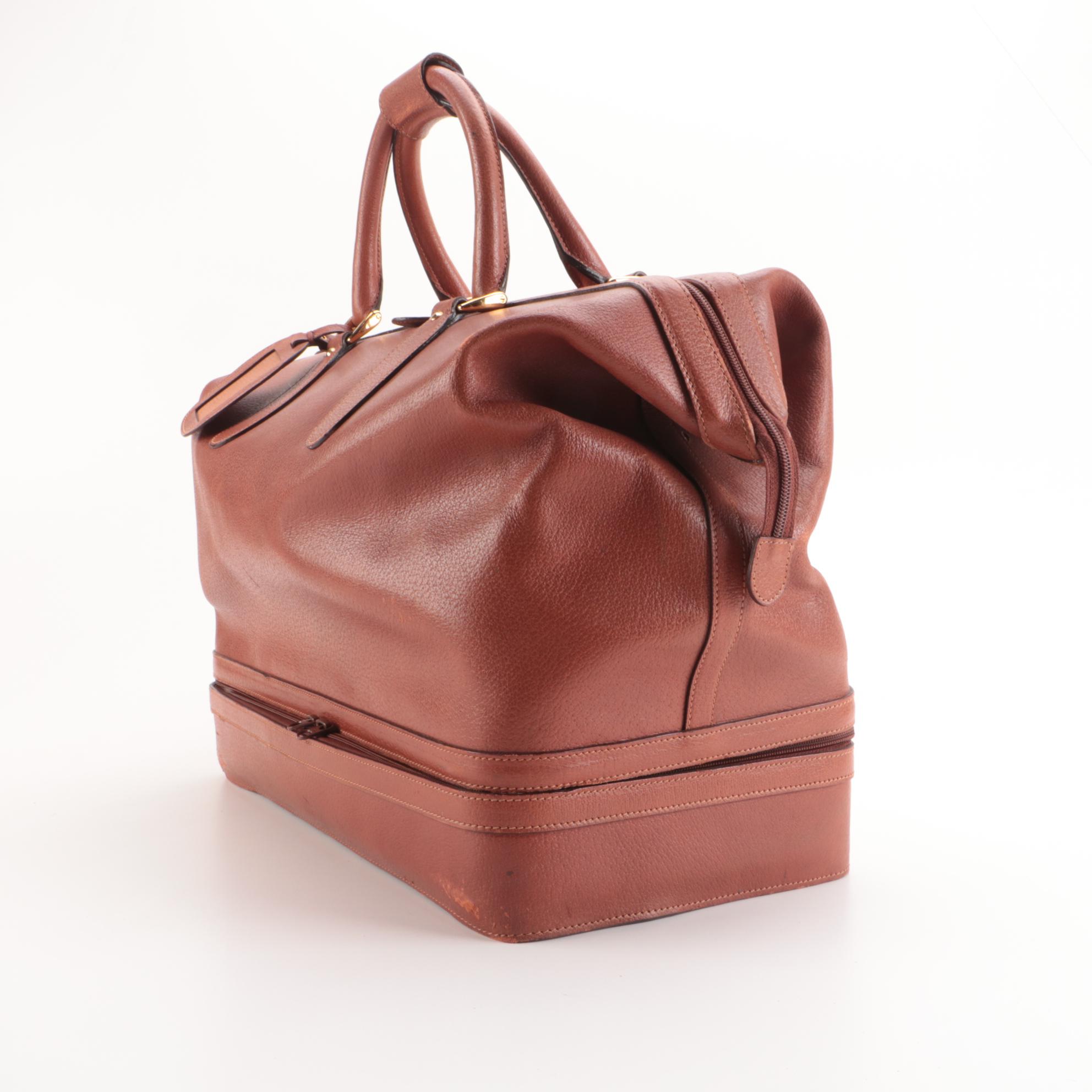 Gucci Tan Leather Boston Style Travel Bag with Zippered Base Compartment