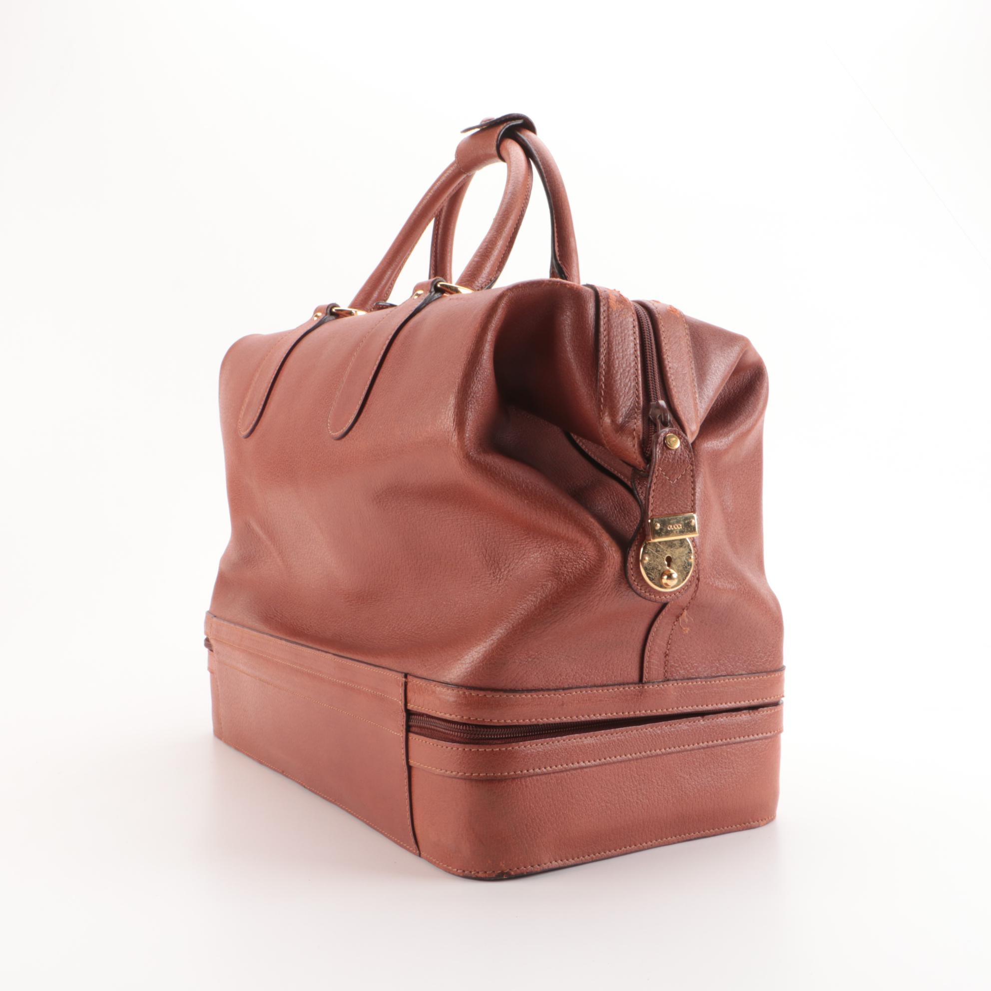 Gucci Tan Leather Boston Style Travel Bag with Zippered Base Compartment