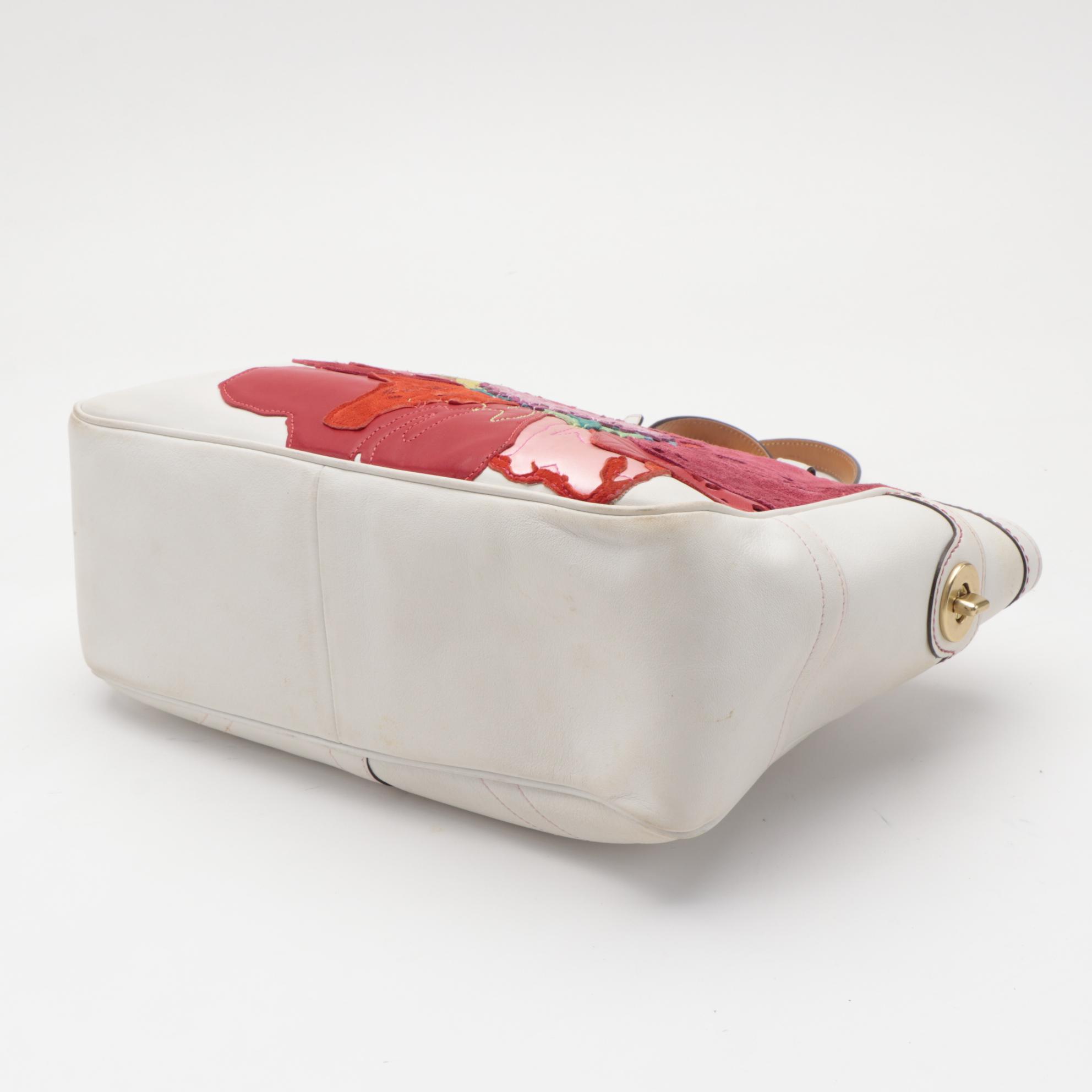 Coach Limited Edition Poppy Gallery Shoulder Tote in White Leather with Appliqué