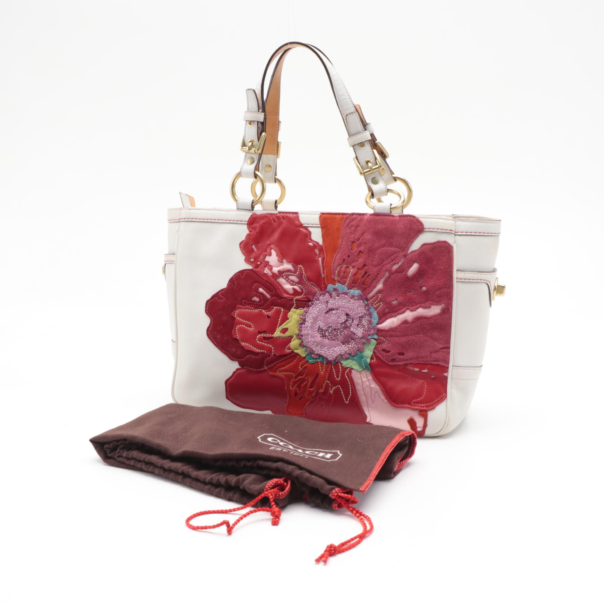 Coach Limited Edition Poppy Gallery Shoulder Tote in White Leather with Appliqué