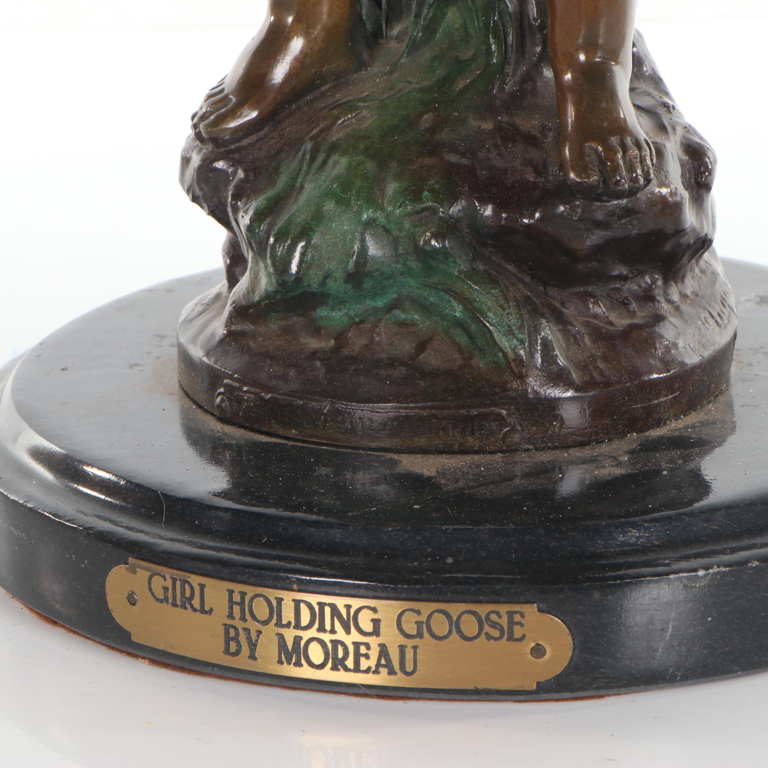Spelter Sculpture after Auguste Moreau "Girl Holding Goose"