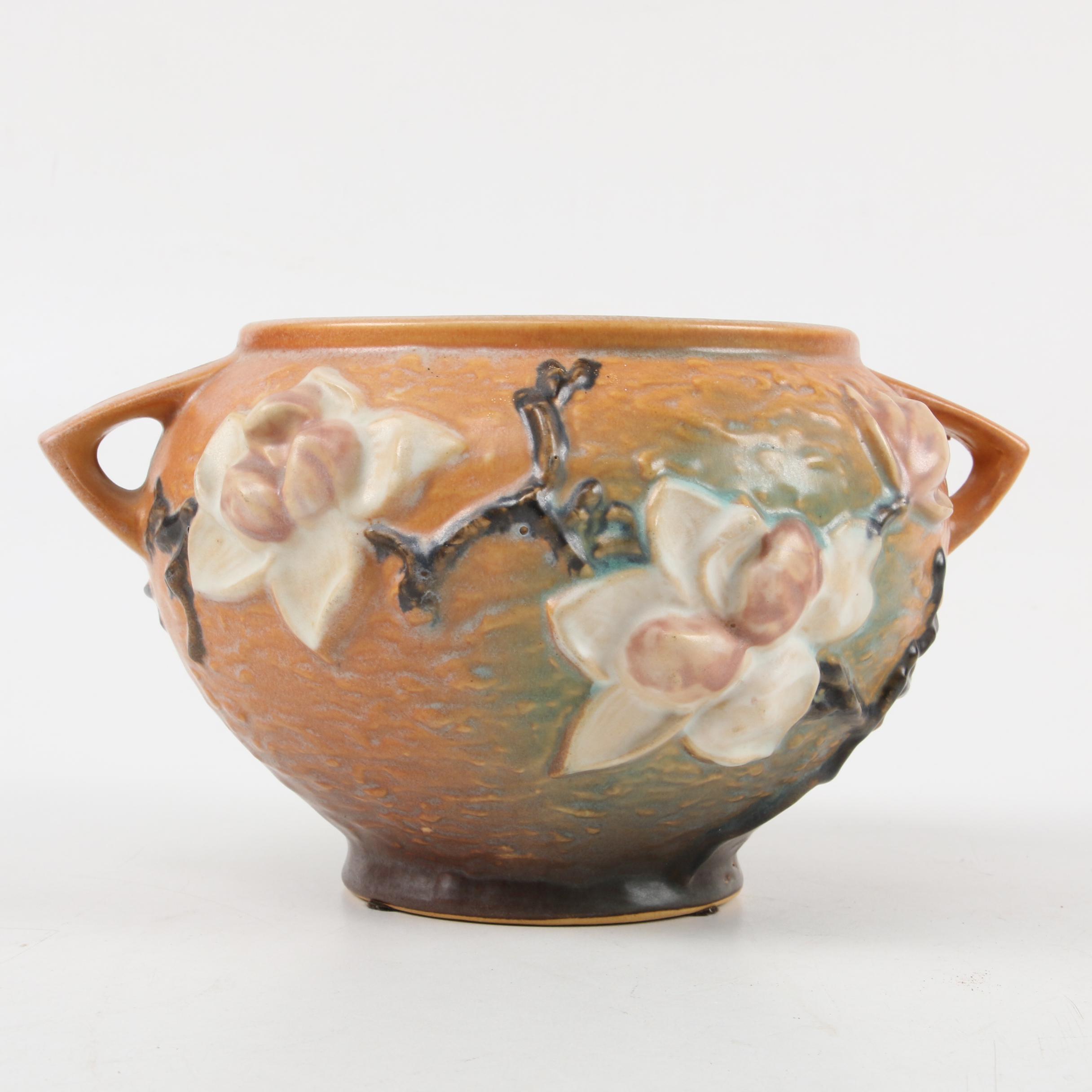 Roseville Pottery "Magnolia" Rose Bowl with "Clematis" Console Bowl, Mid-20th C.