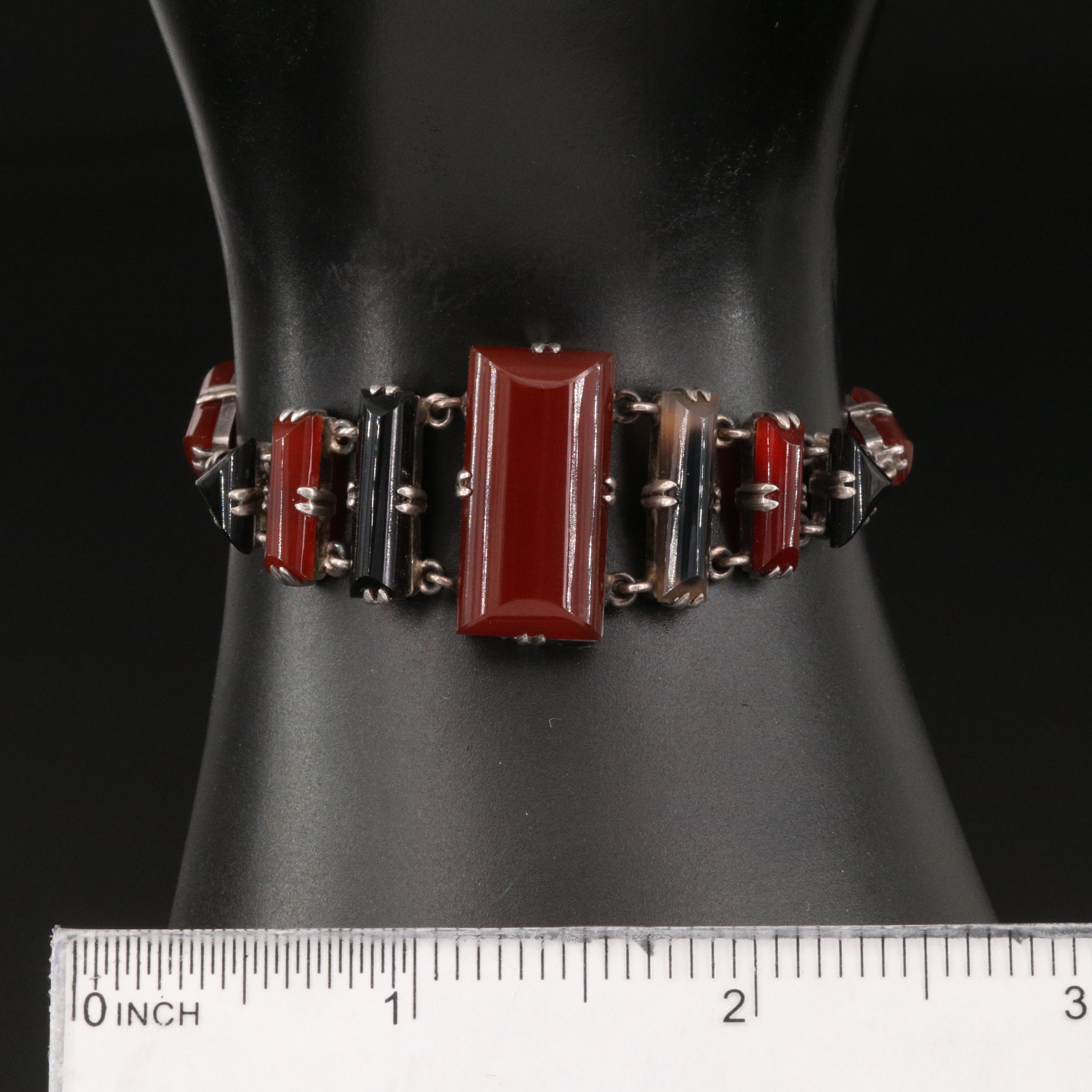 Art Deco German Sterling Silver Carnelian and Black Onyx Bracelet