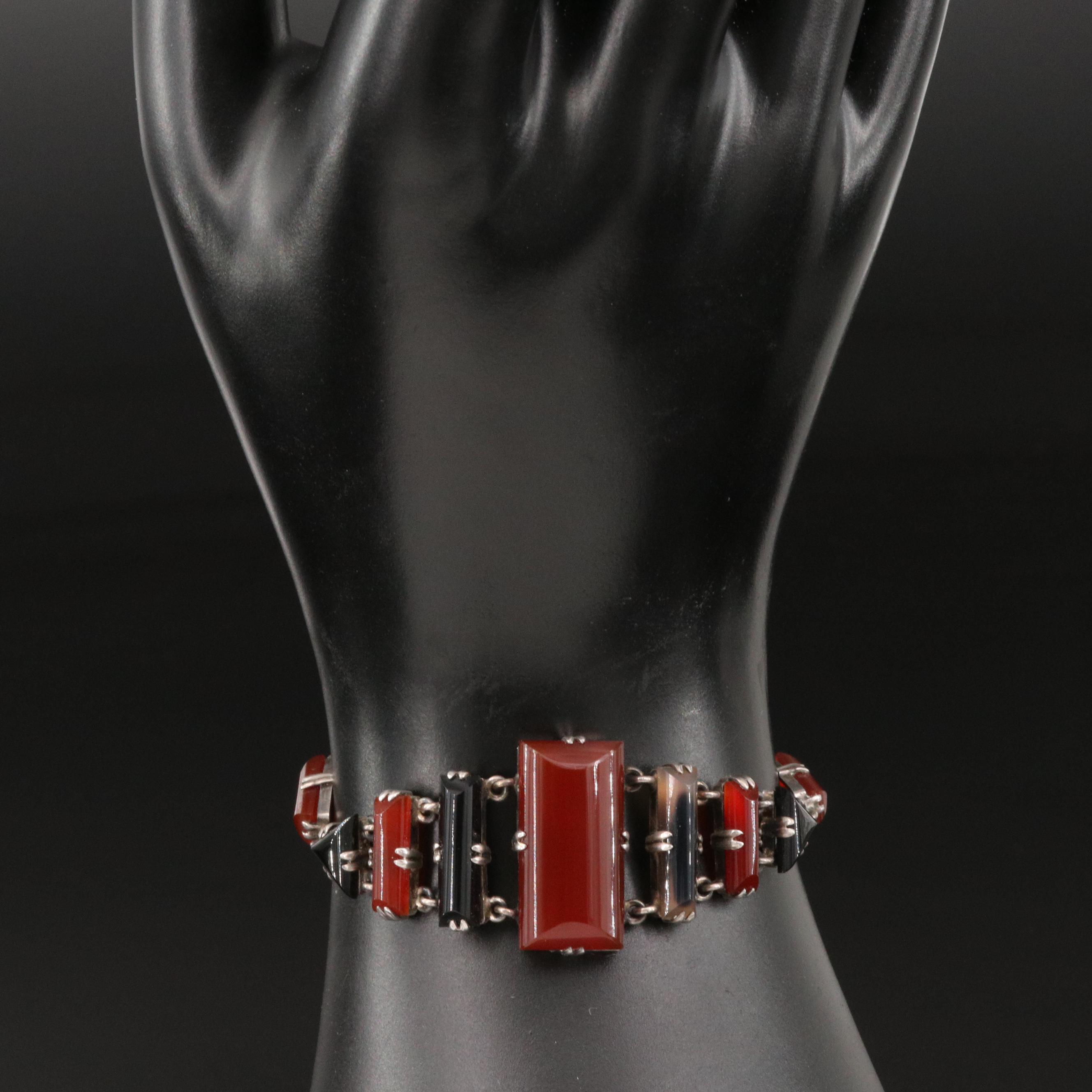 Art Deco German Sterling Silver Carnelian and Black Onyx Bracelet