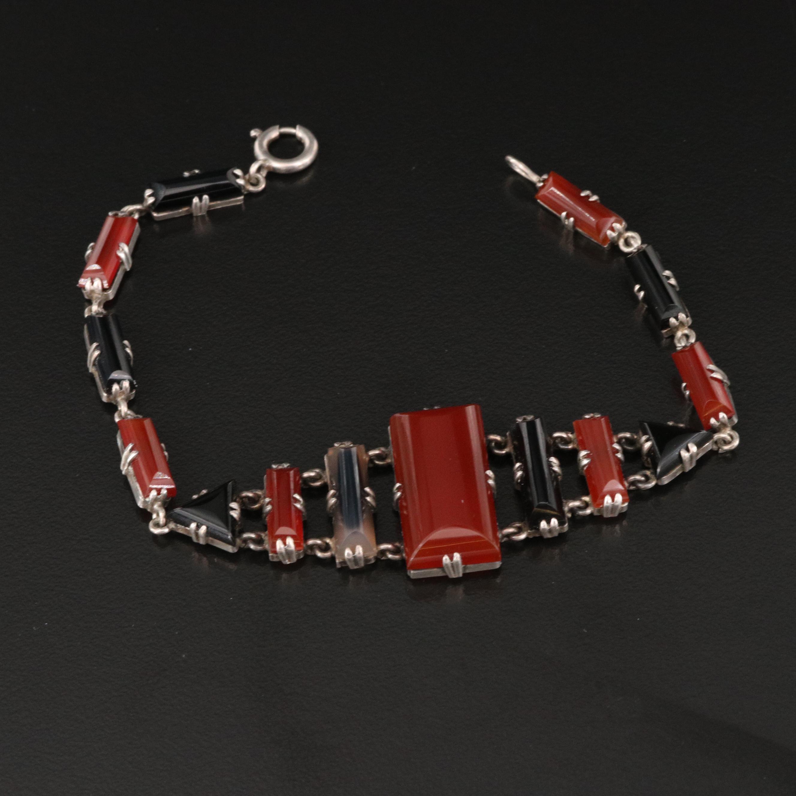 Art Deco German Sterling Silver Carnelian and Black Onyx Bracelet