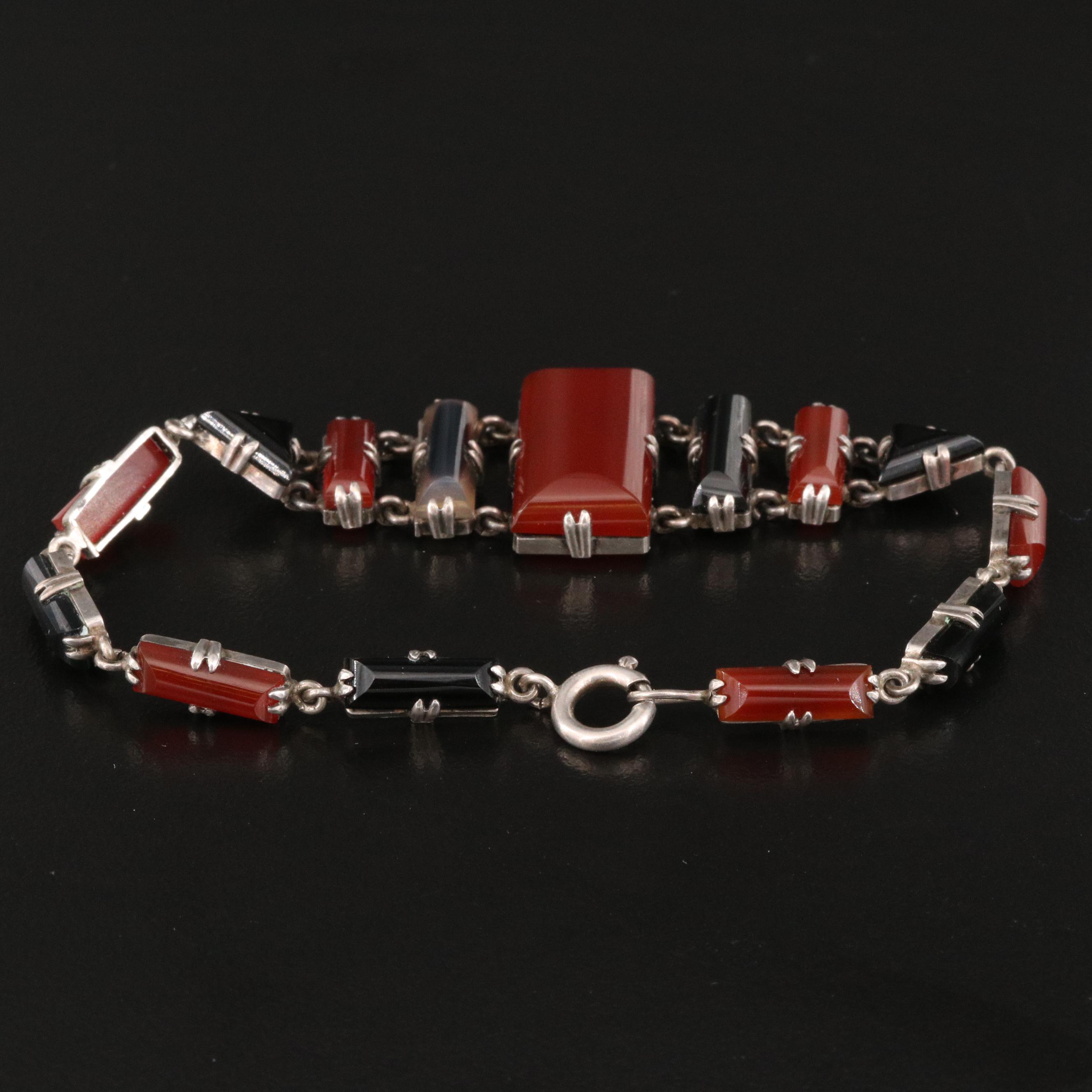 Art Deco German Sterling Silver Carnelian and Black Onyx Bracelet