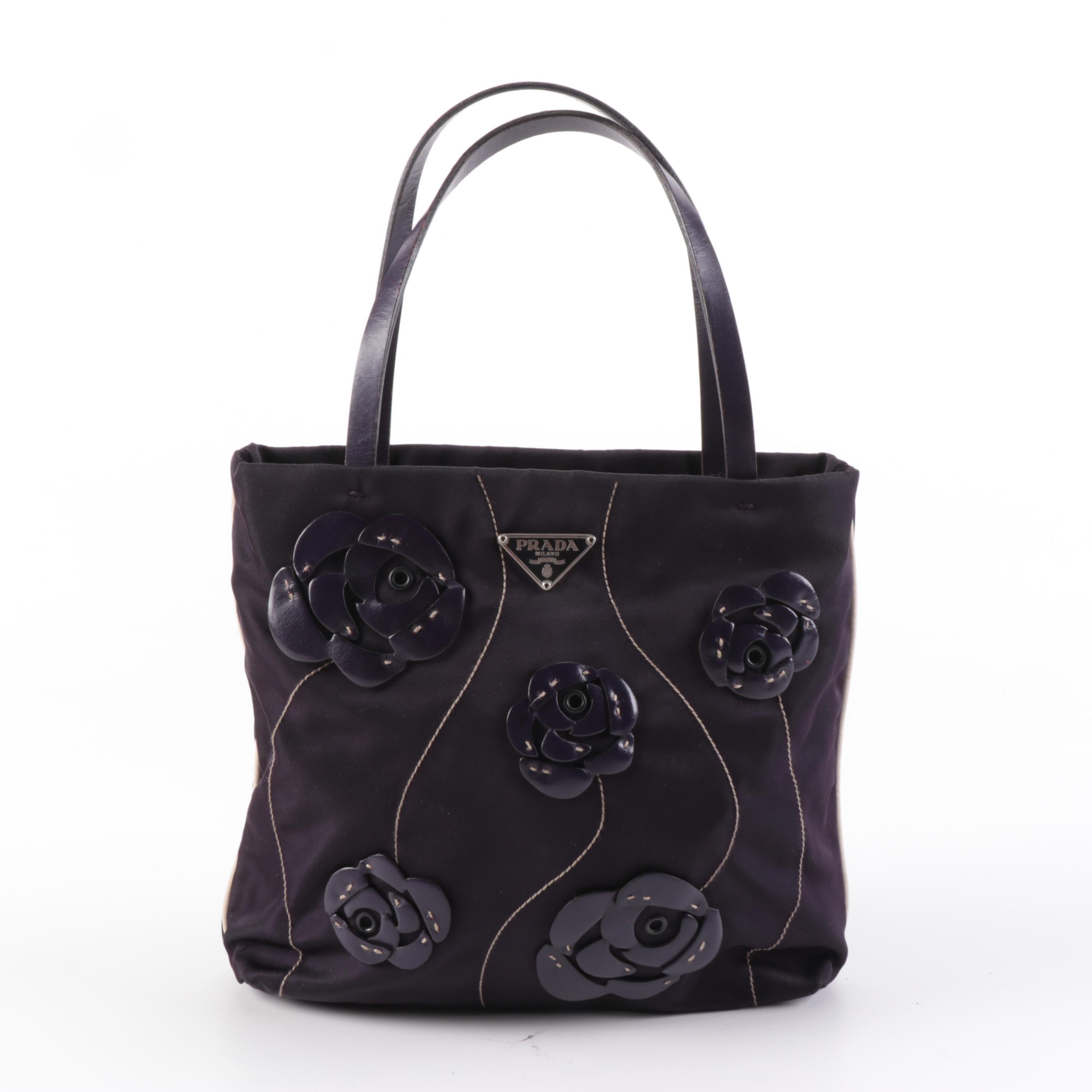 Prada Tessuto Small Tote Bag with Contrast Piping and Appliquéd Leather Roses