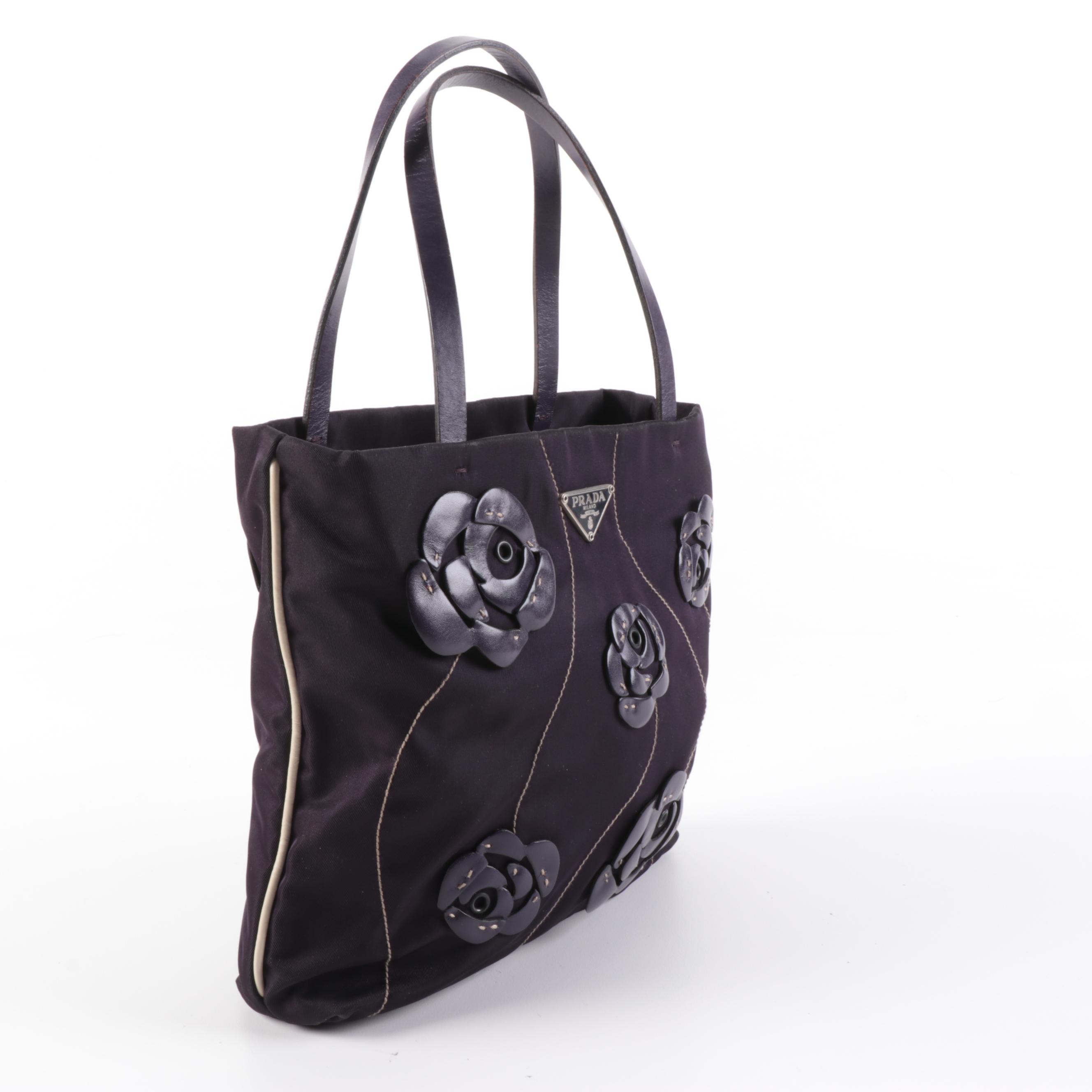 Prada Tessuto Small Tote Bag with Contrast Piping and Appliquéd Leather Roses