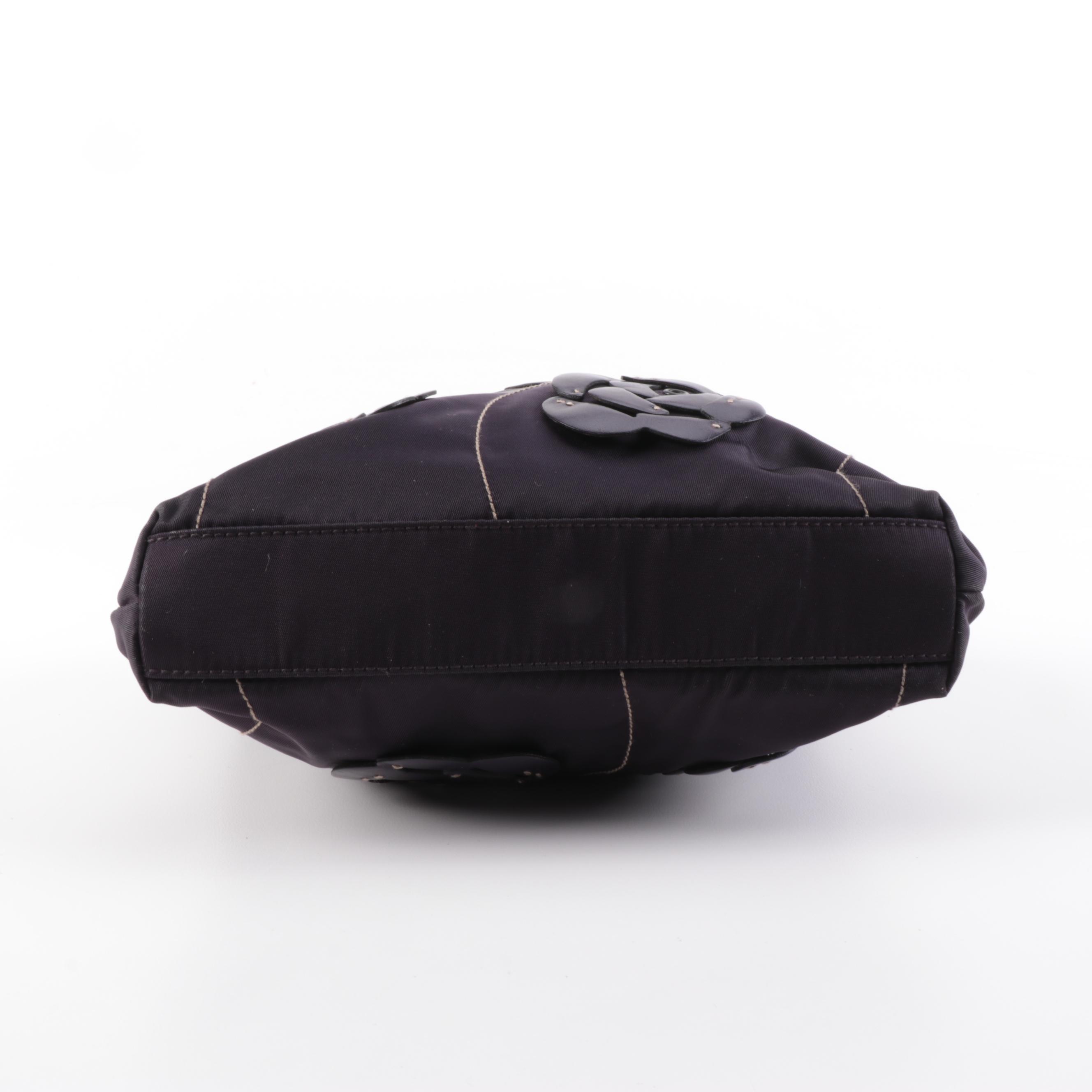 Prada Tessuto Small Tote Bag with Contrast Piping and Appliquéd Leather Roses