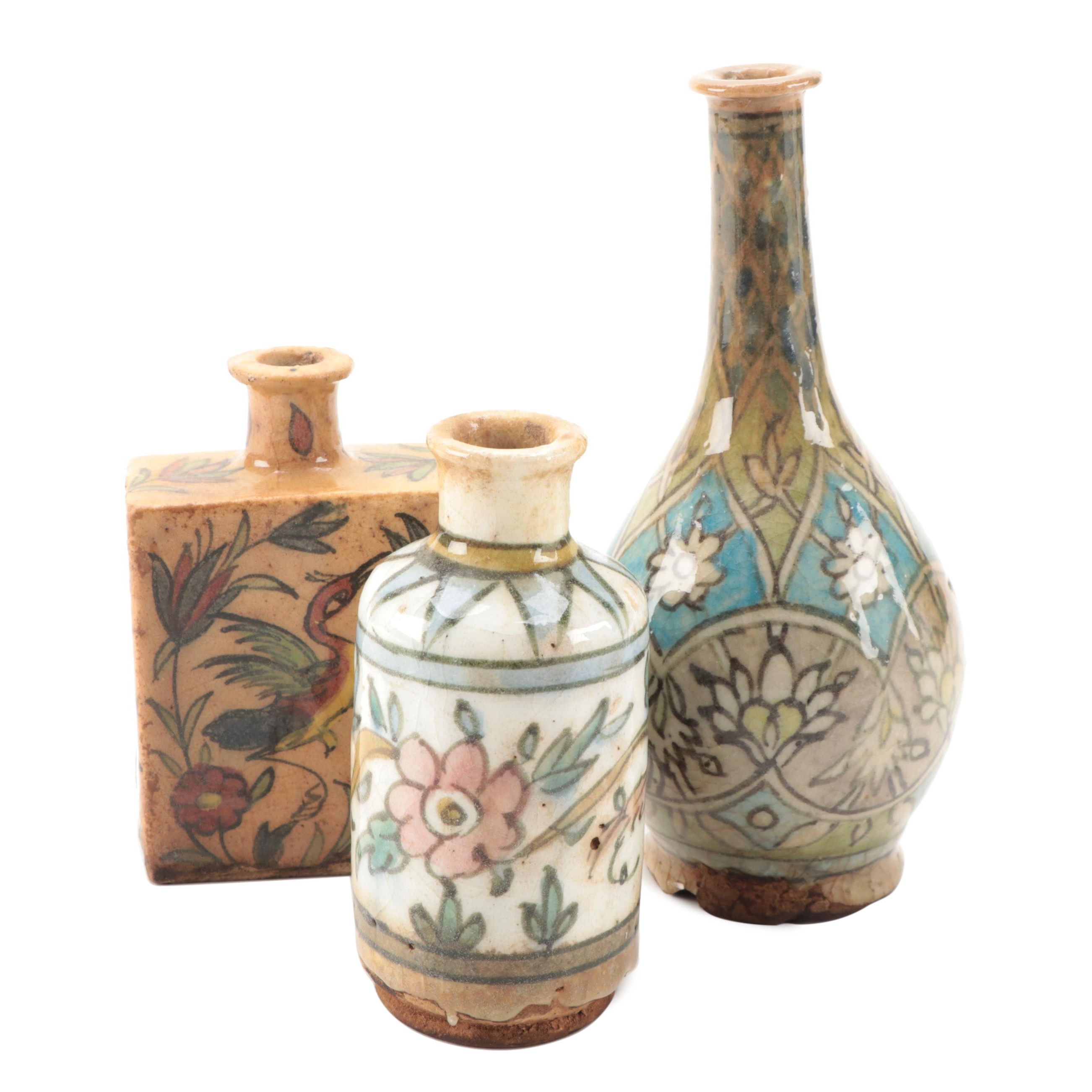 Persian Qajar Pottery Bottles and Vase, 19th Century