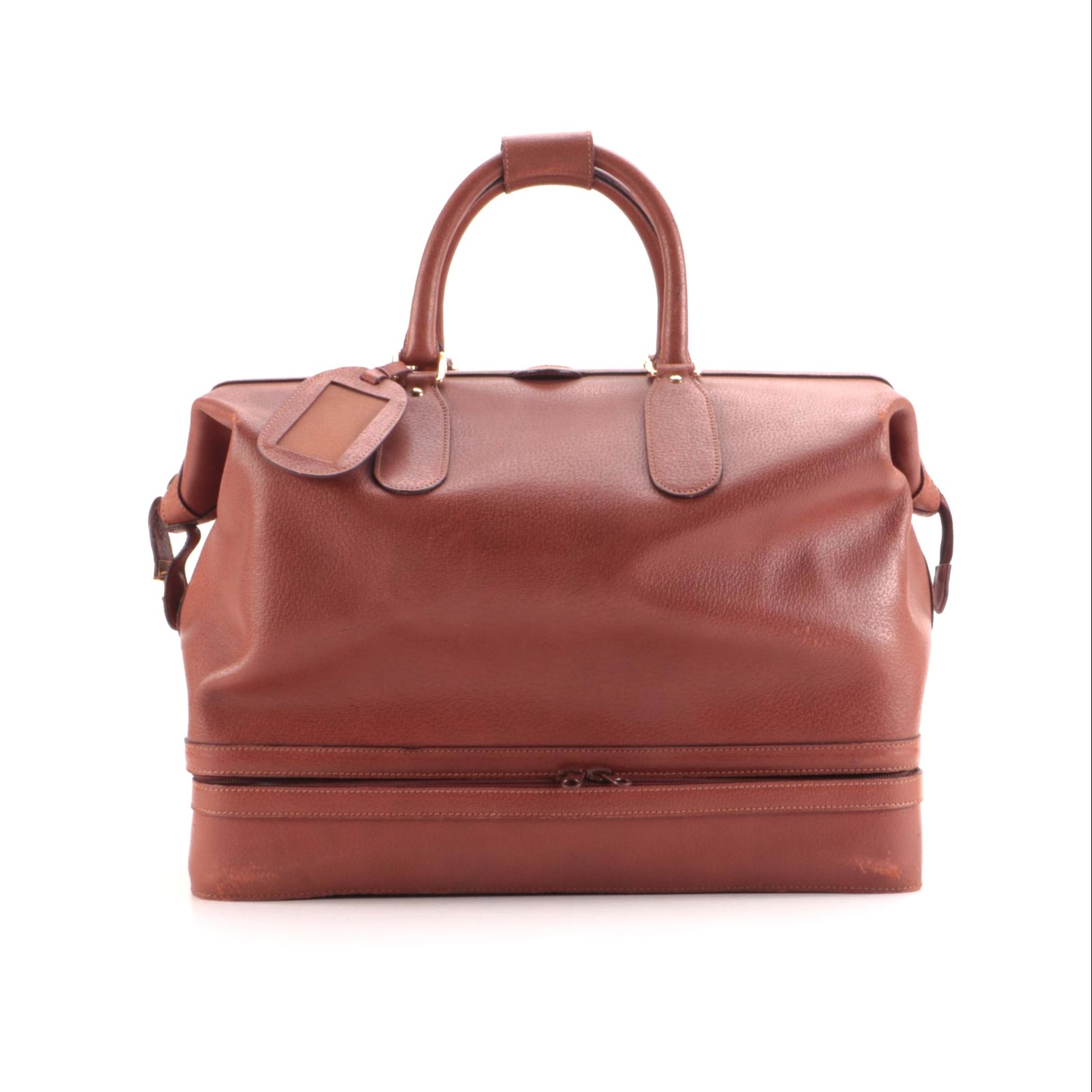 Gucci Tan Leather Boston Style Travel Bag with Zippered Base Compartment