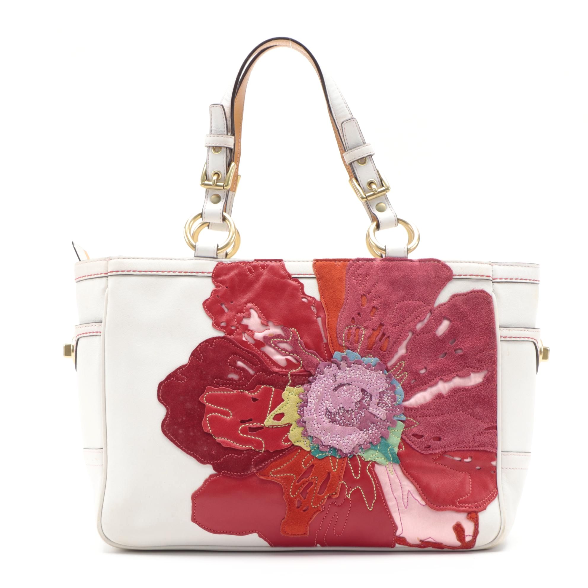 Coach Limited Edition Poppy Gallery Shoulder Tote in White Leather with Appliqué