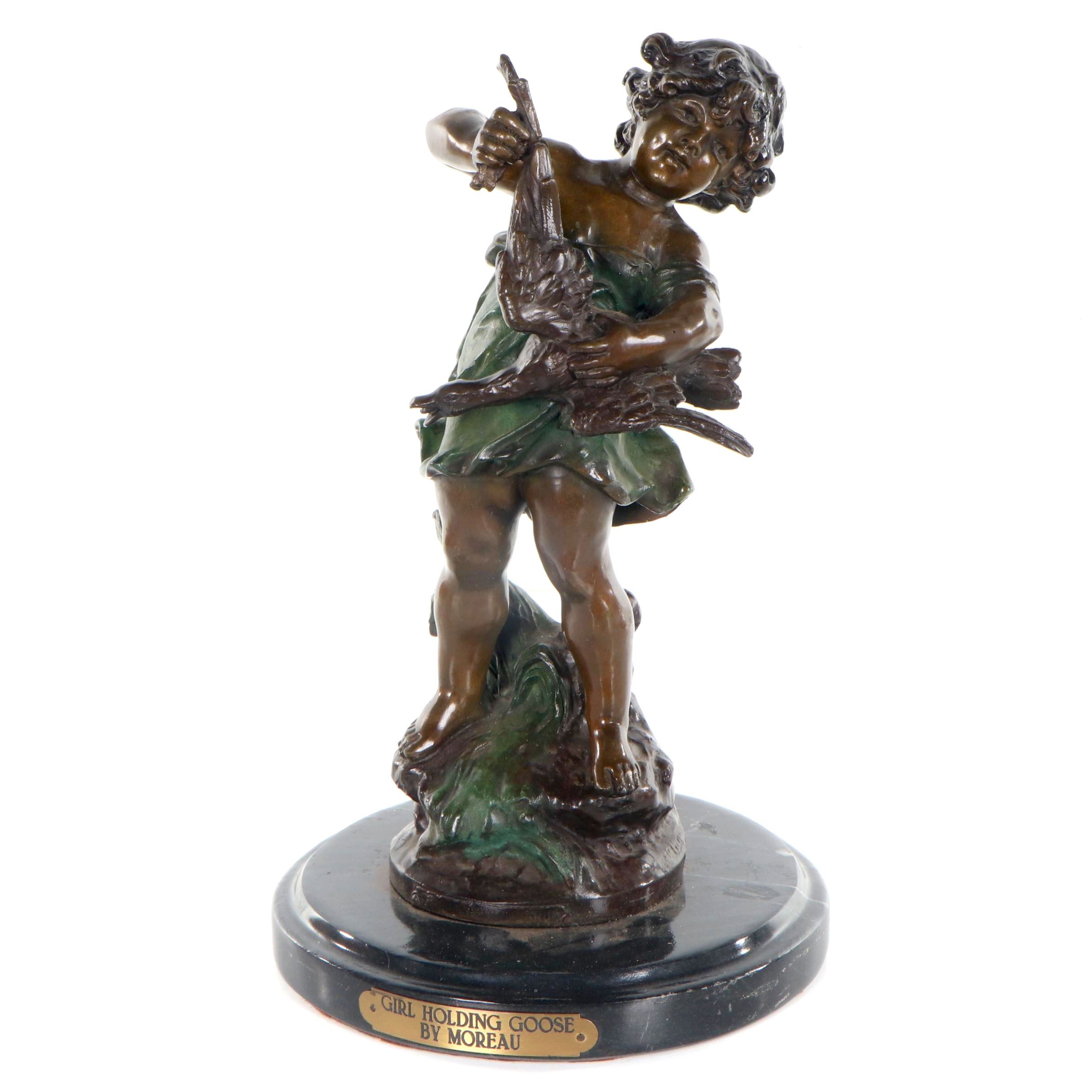 Spelter Sculpture after Auguste Moreau "Girl Holding Goose"