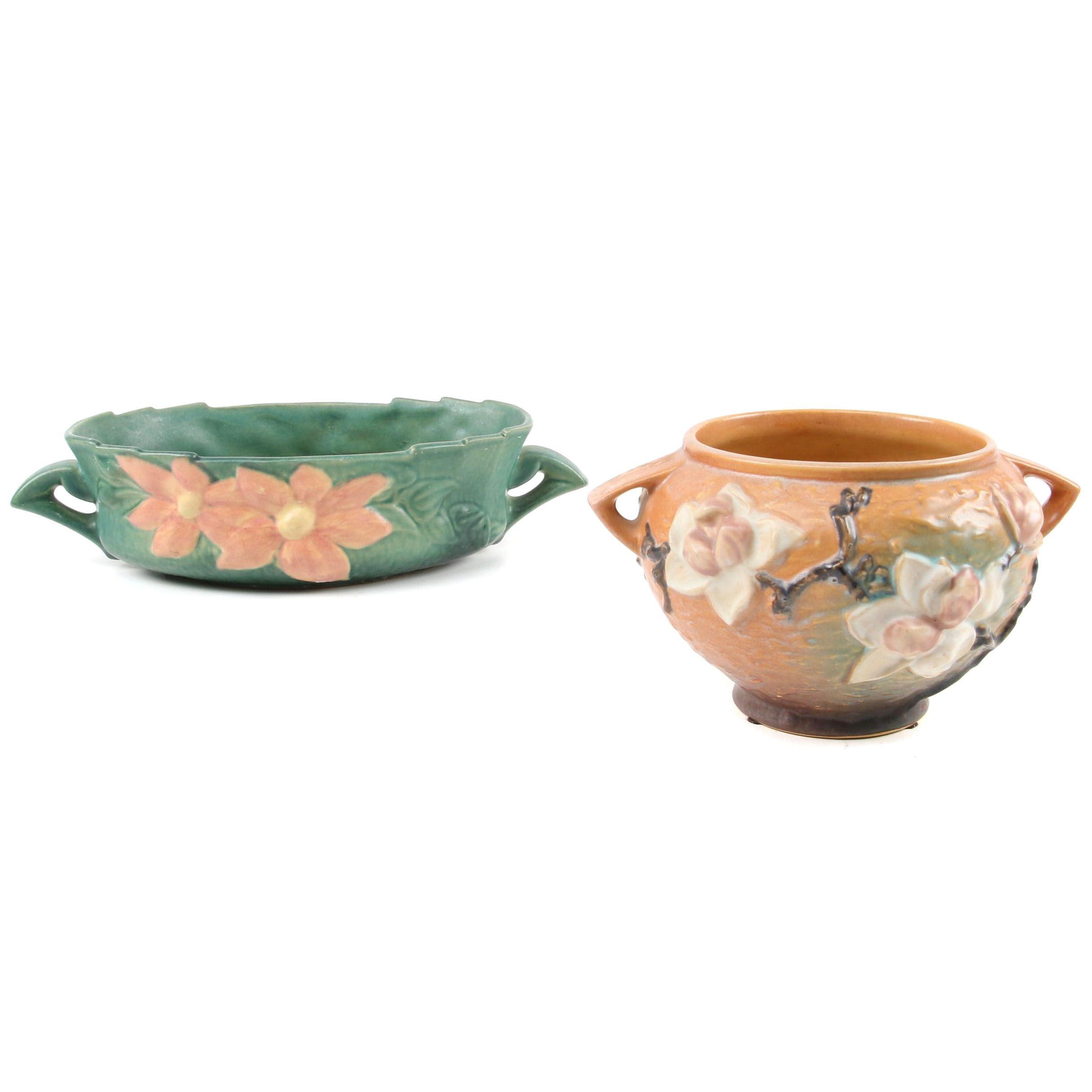 Roseville Pottery "Magnolia" Rose Bowl with "Clematis" Console Bowl, Mid-20th C.