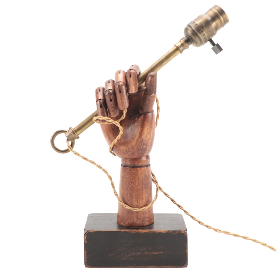 Carved Wood Articulated Hand Sculptural Lamp