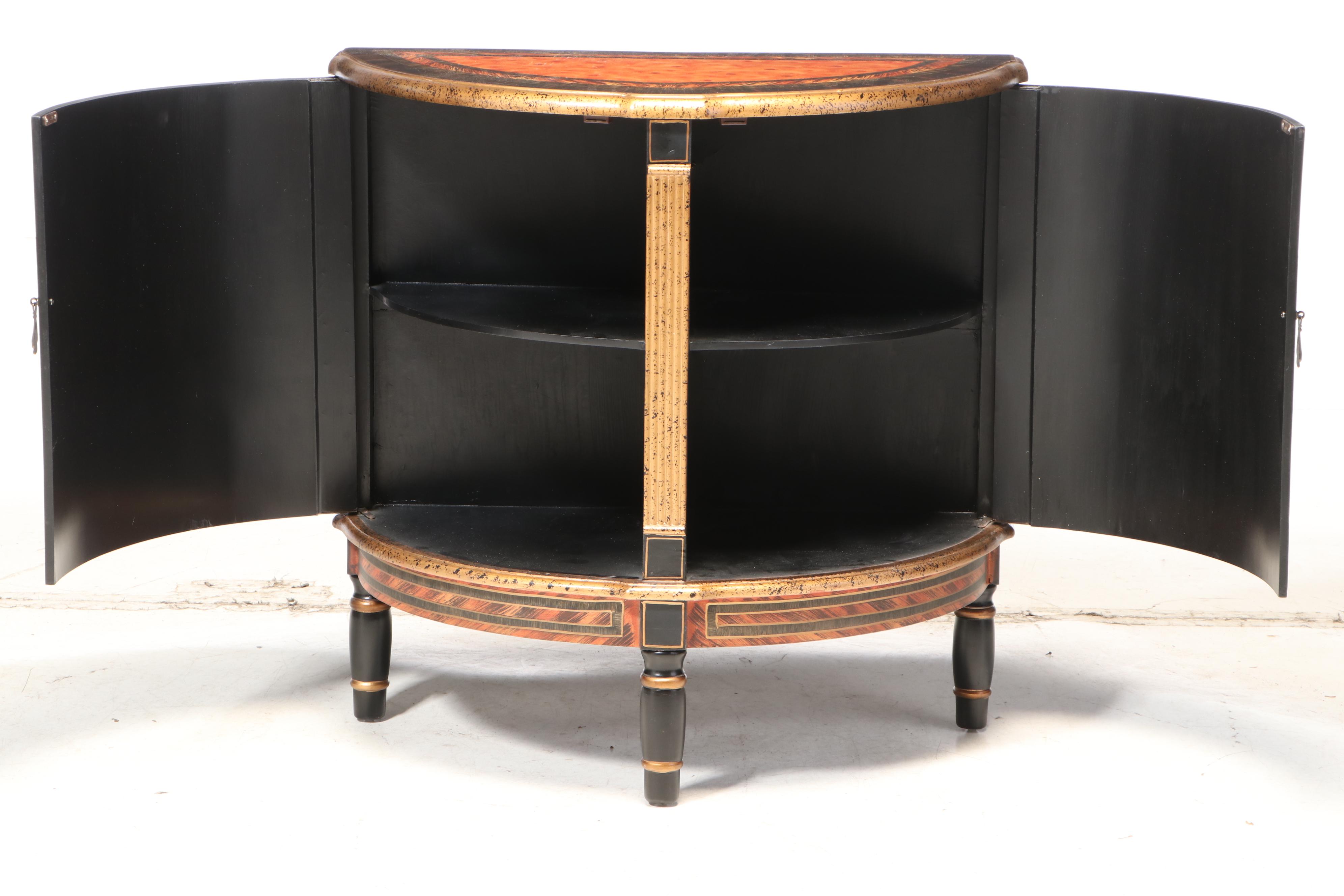 Neoclassical Style Ebonized, Paint-Decorated, and Parcel-Gilt Demilune Cabinet