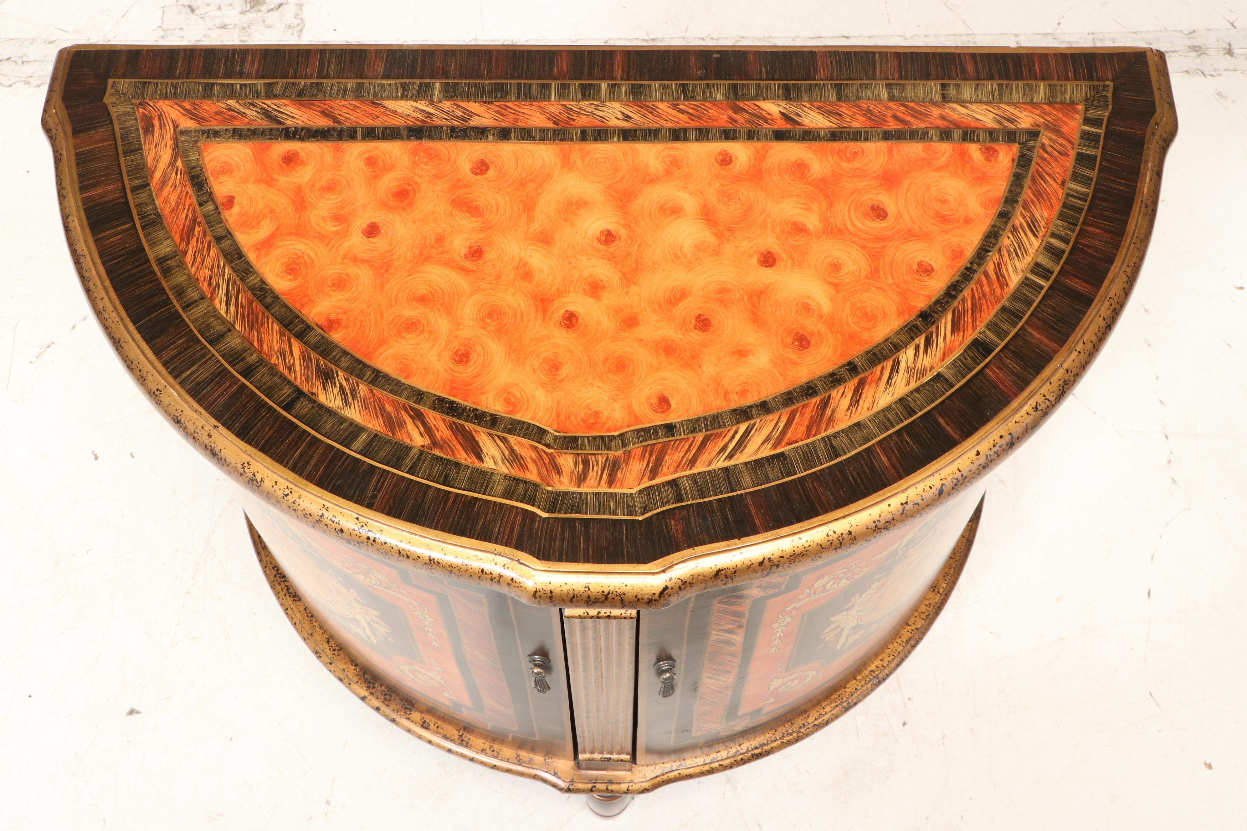 Neoclassical Style Ebonized, Paint-Decorated, and Parcel-Gilt Demilune Cabinet