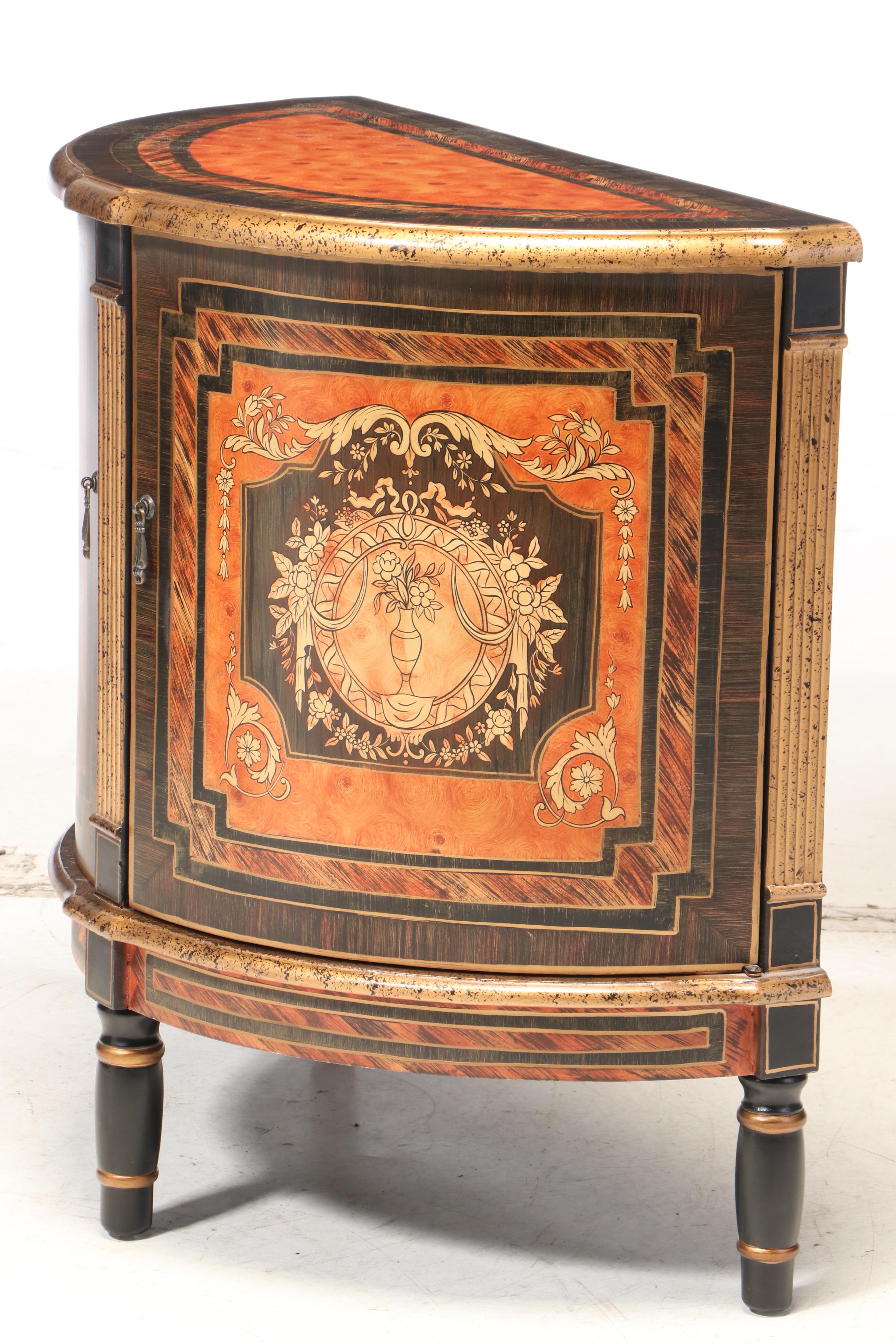 Neoclassical Style Ebonized, Paint-Decorated, and Parcel-Gilt Demilune Cabinet