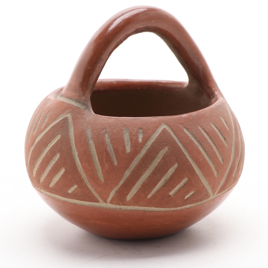 San Ildefonso Pueblo Carved Redware Basket, 1930s