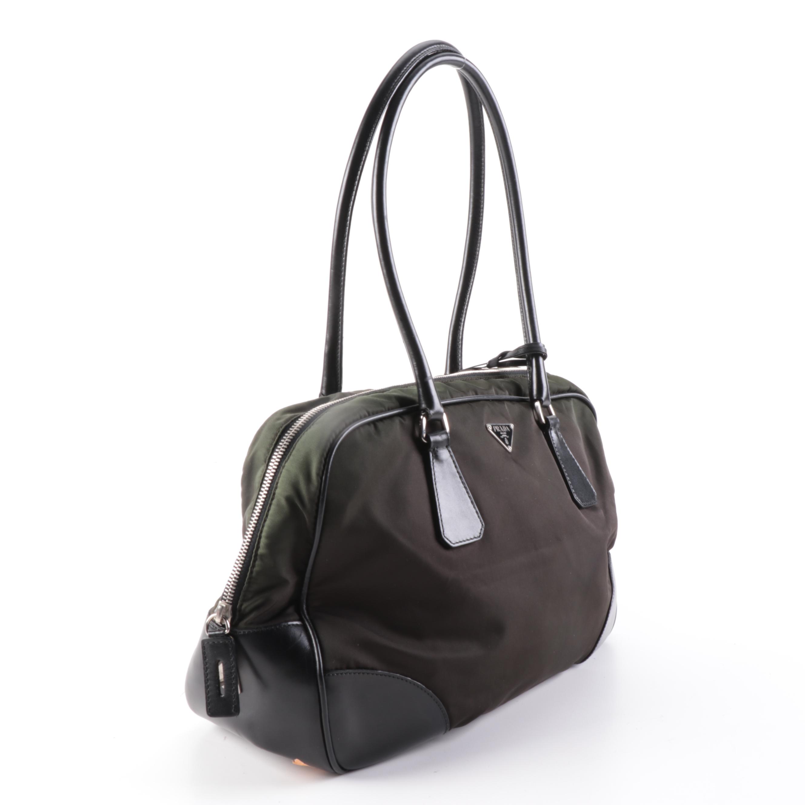 Prada Domed Shoulder Bag in Khaki Green Tessuto Nylon and Black Leather
