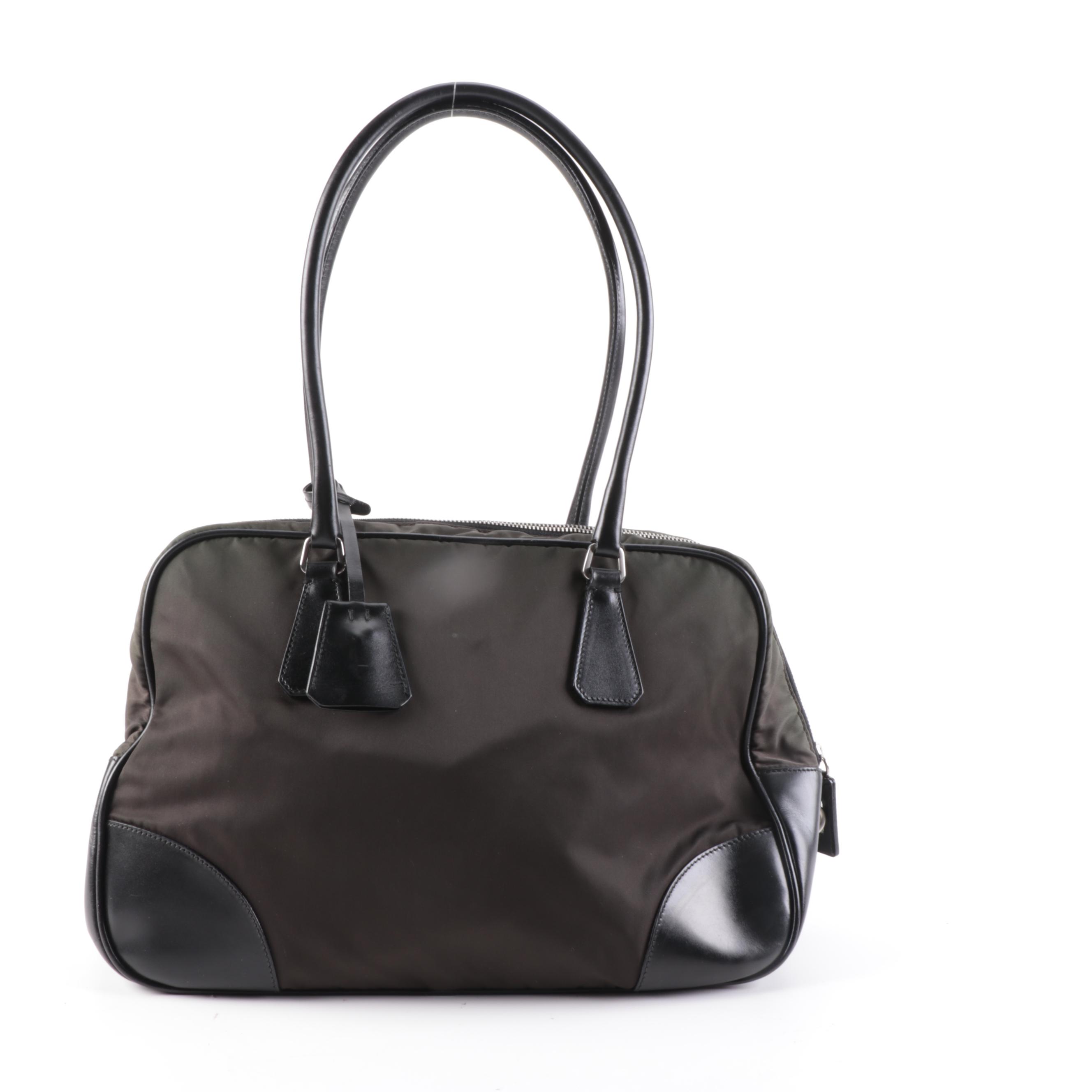 Prada Domed Shoulder Bag in Khaki Green Tessuto Nylon and Black Leather