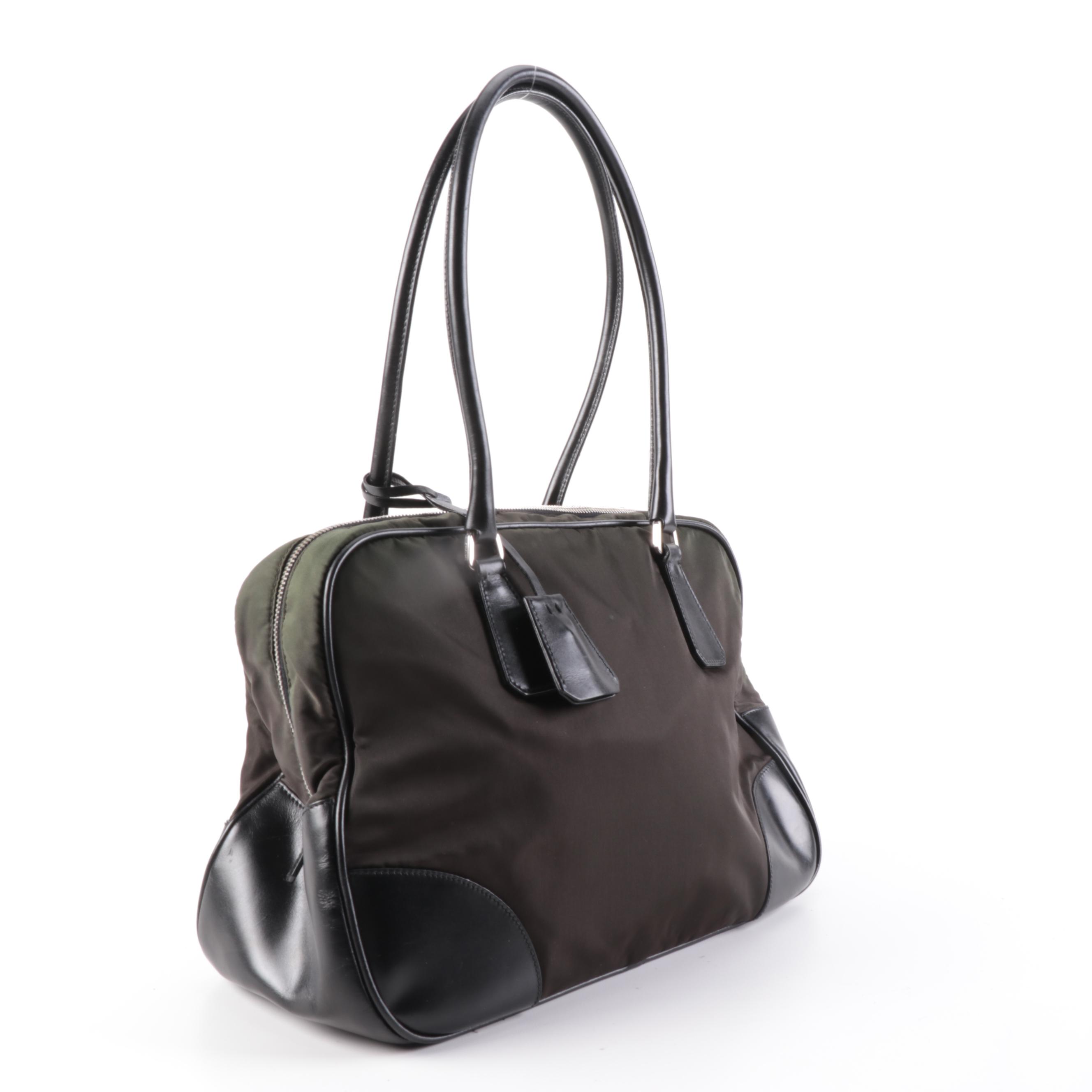 Prada Domed Shoulder Bag in Khaki Green Tessuto Nylon and Black Leather