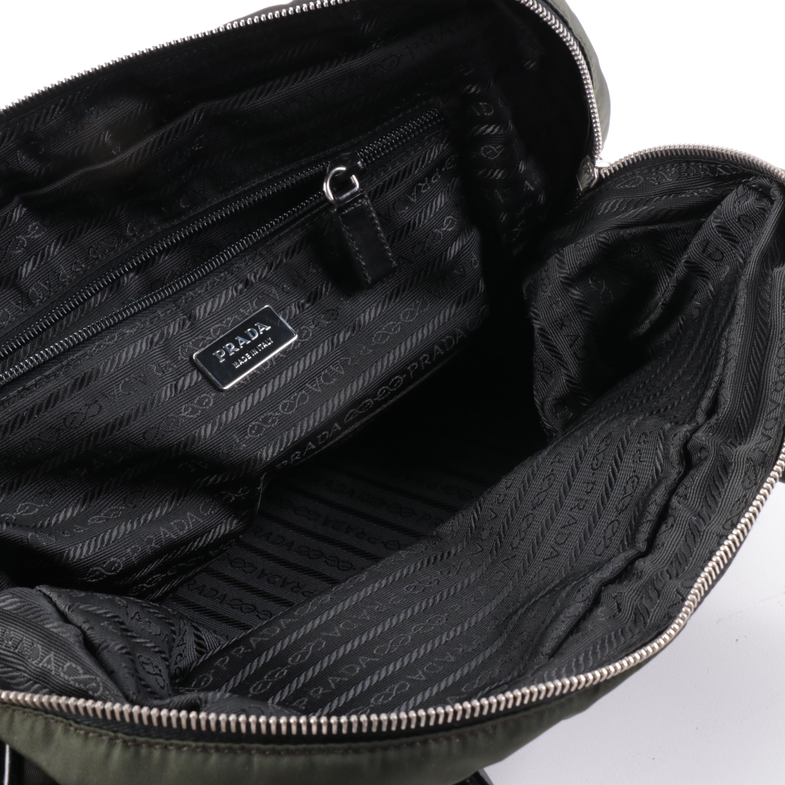 Prada Domed Shoulder Bag in Khaki Green Tessuto Nylon and Black Leather