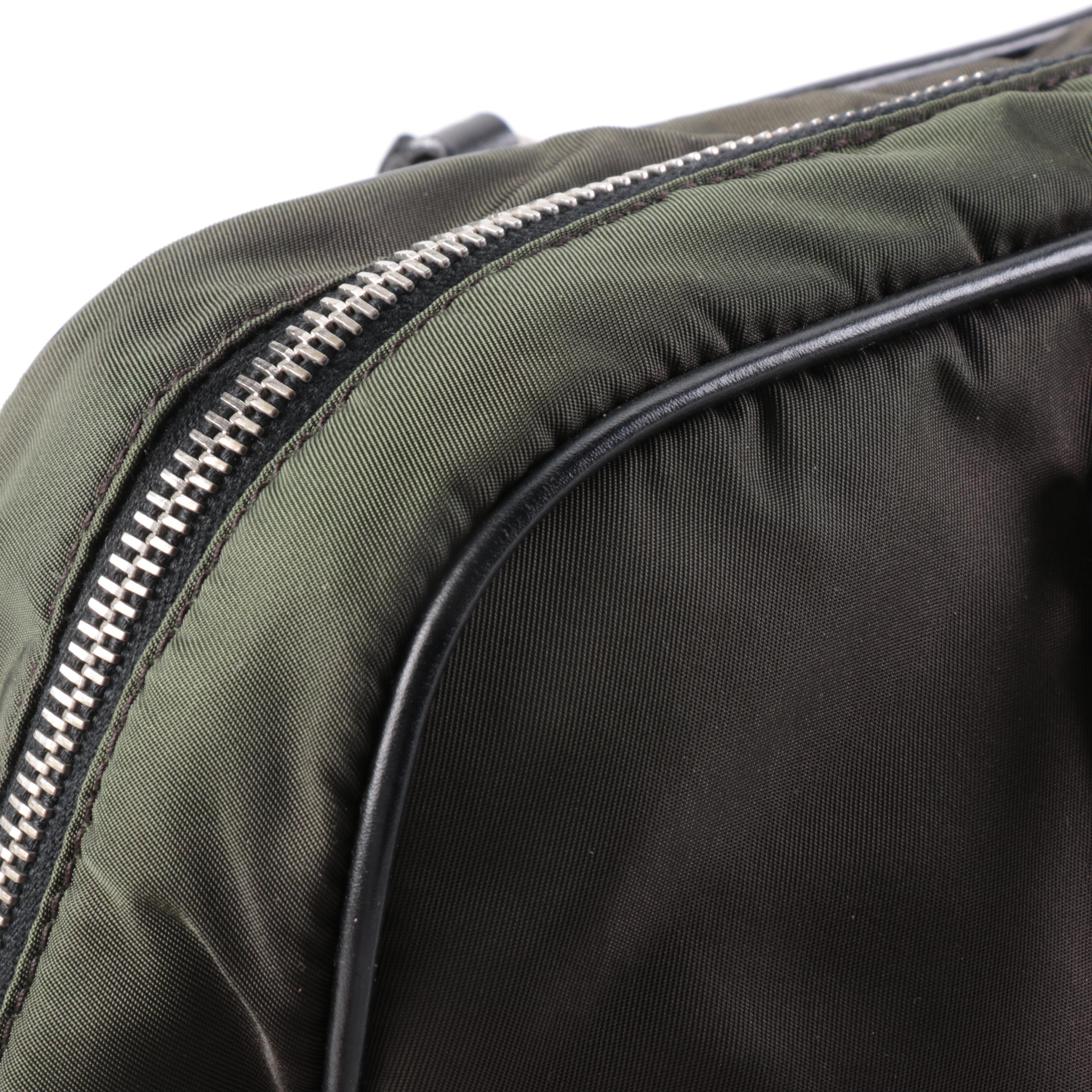 Prada Domed Shoulder Bag in Khaki Green Tessuto Nylon and Black Leather