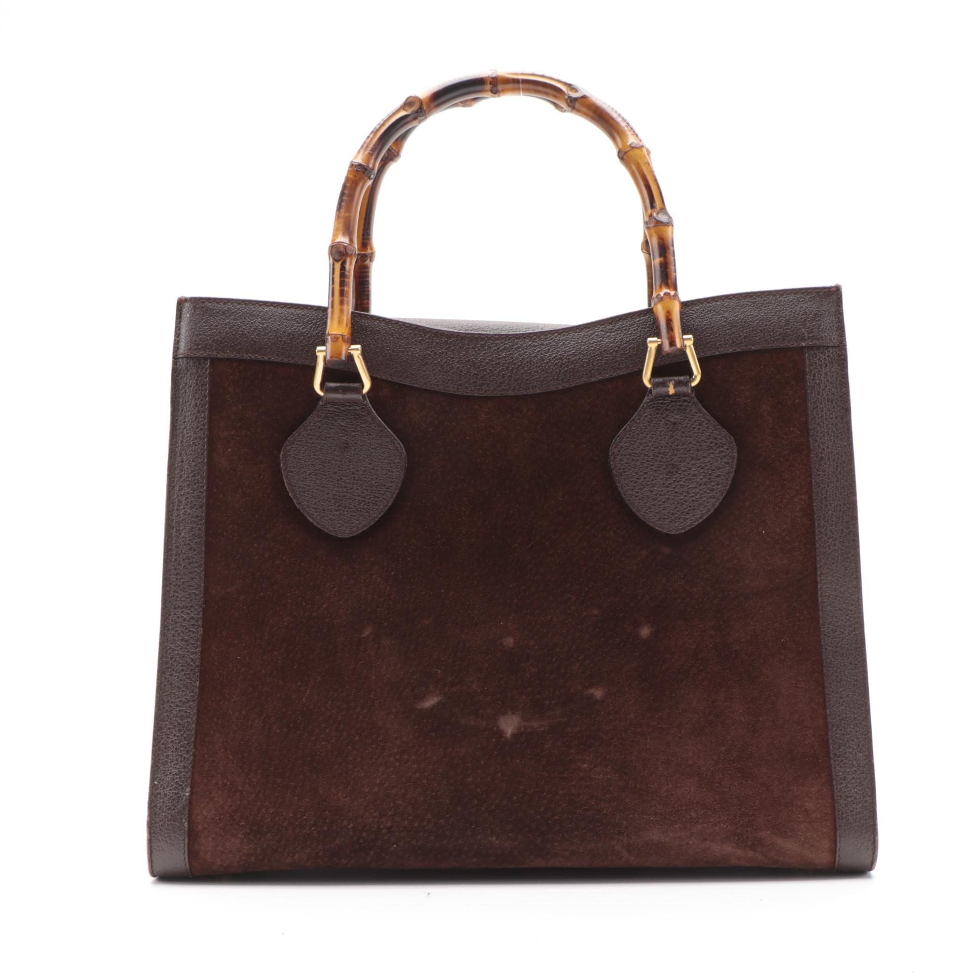 Gucci Diana Bamboo Handle Tote Bag in Brown Suede and Leather