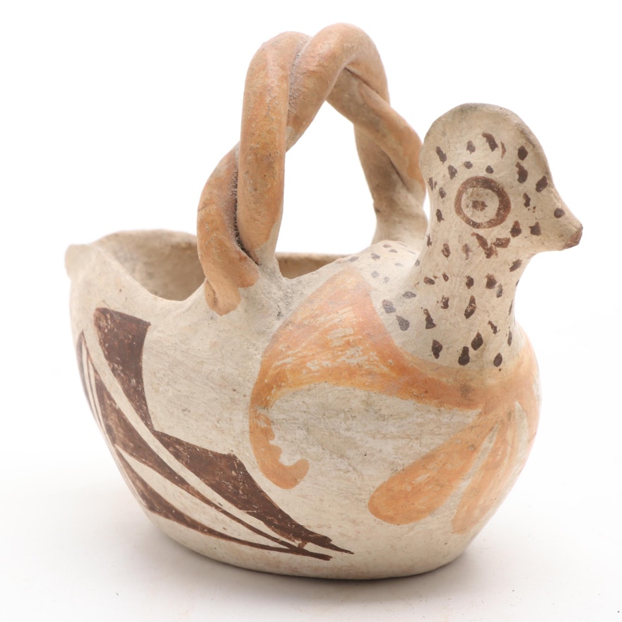Hopi or Cochiti Effigy Chicken-Form Polychrome Earthenware Handled Basket, 1930s