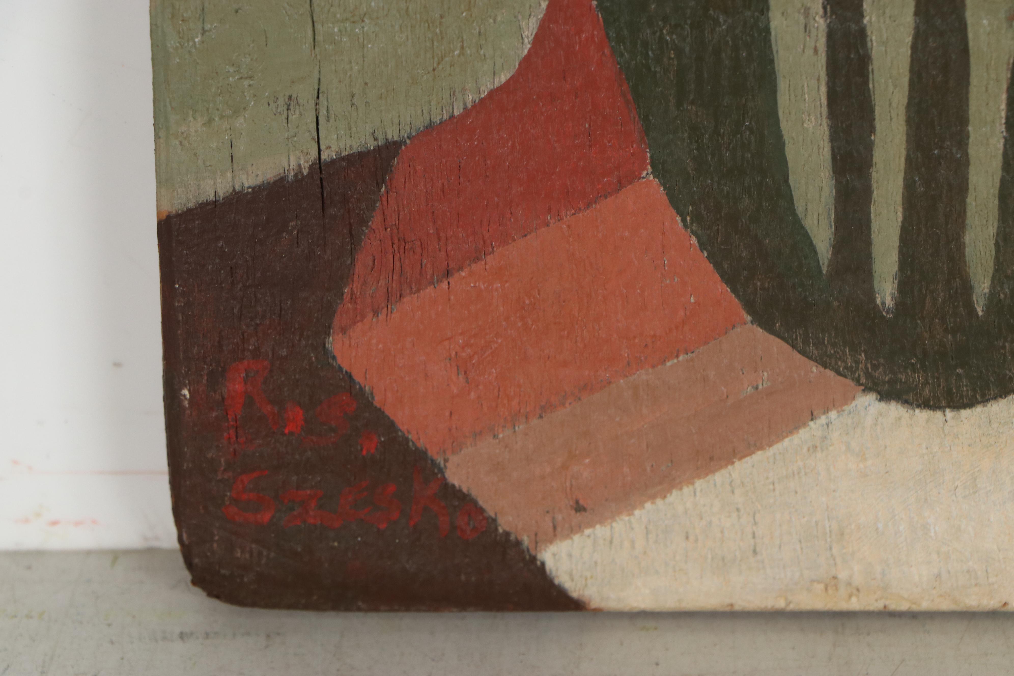 Robert Szesko Abstract Oil Painting on Wood, Late 20th Century