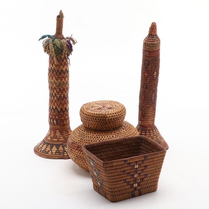 Ethiopian Umbilical Baskets, Zulu Style Lidded Basket and Native American Basket